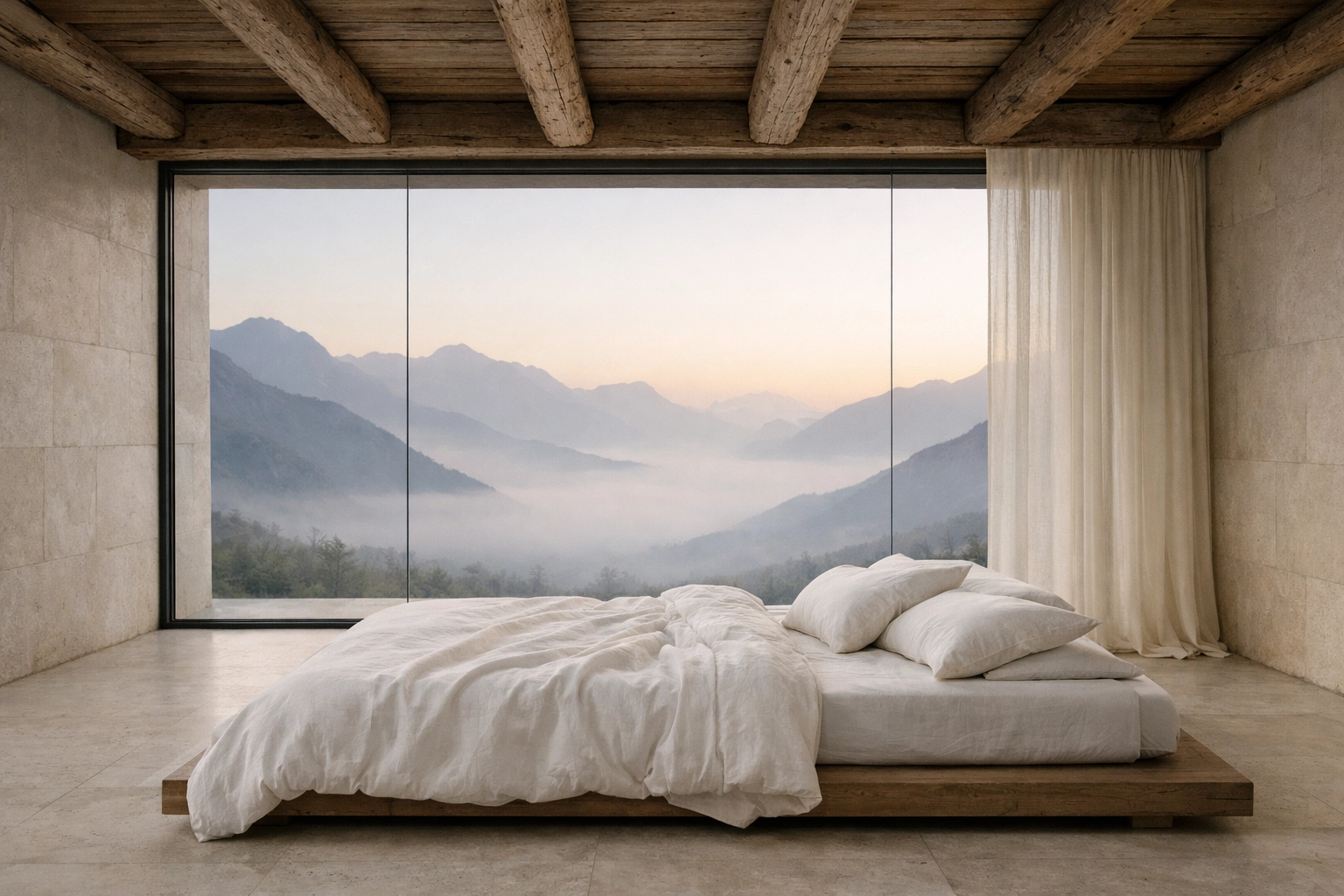 Minimalist luxury wellness suite with a mountain view at dawn for quiet contemplation.