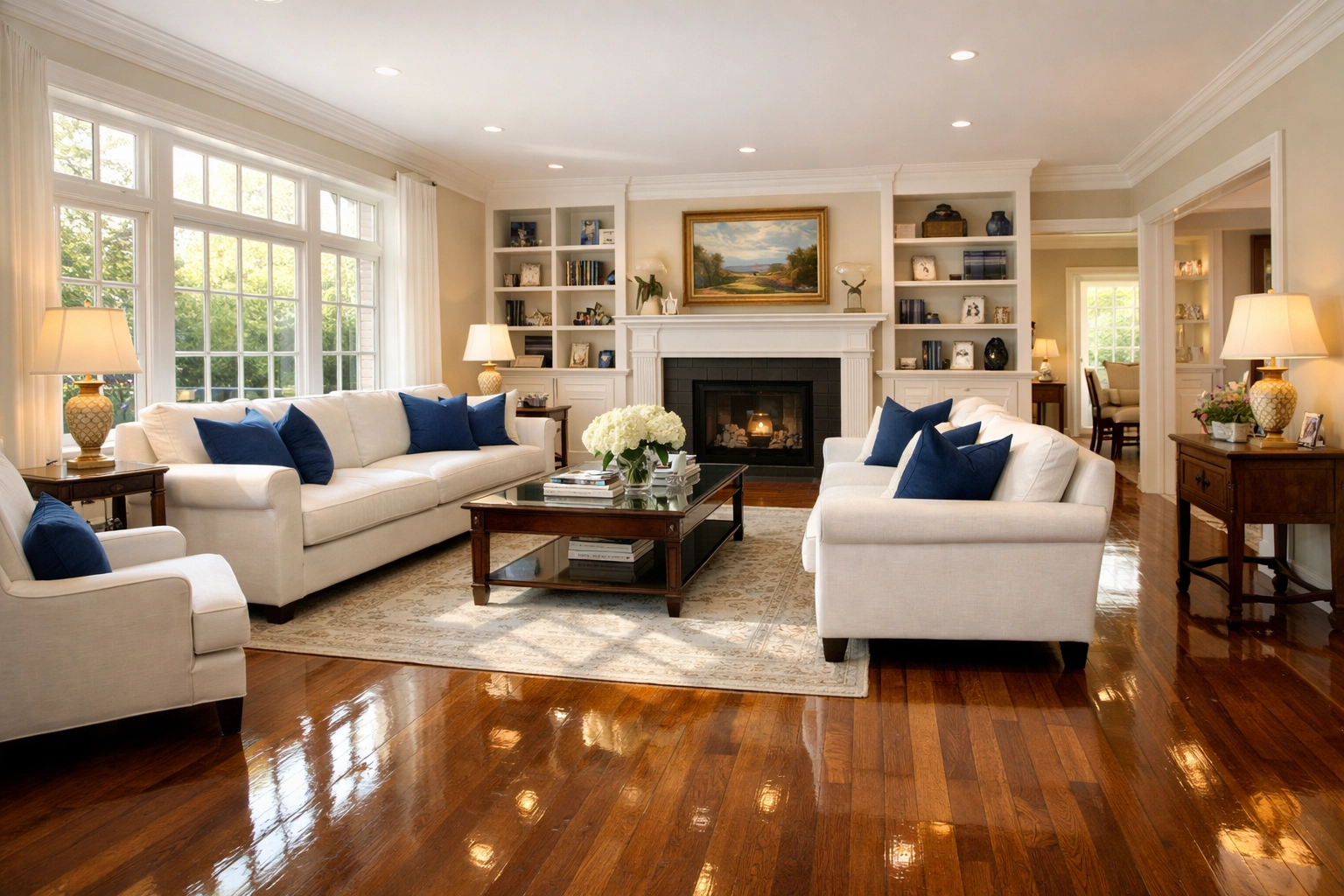 Spotless living room in a North Andover colonial home featuring results of professional residential cleaning.