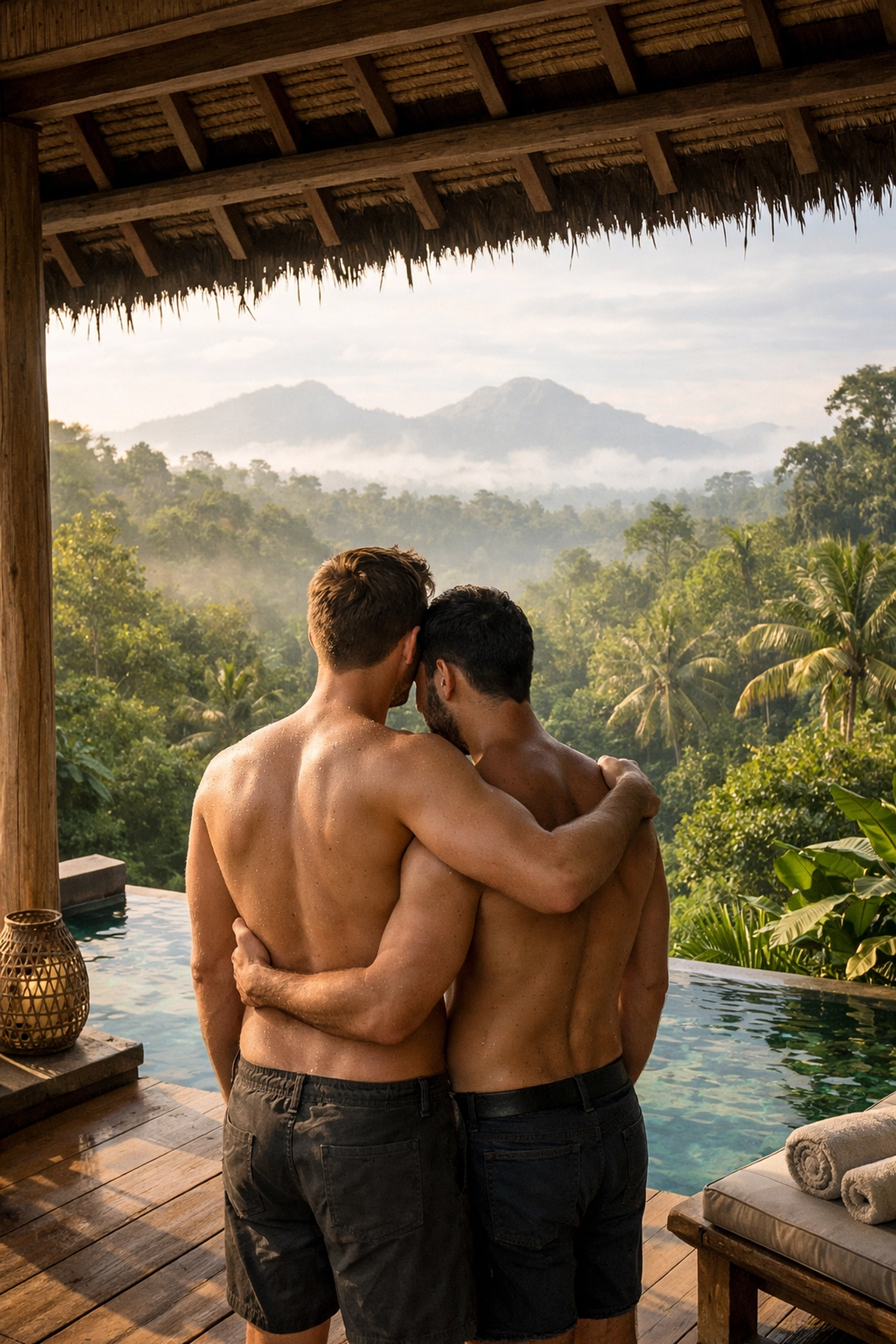 Gay couple on private terrace at Bali eco-resort overlooking jungle