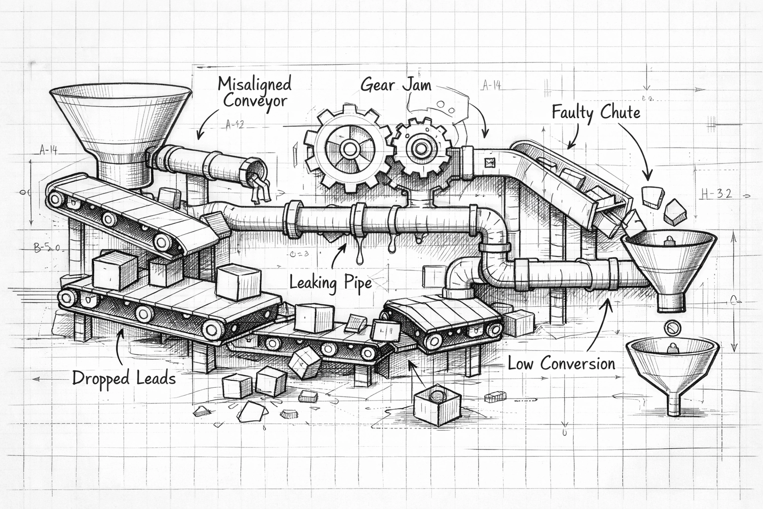 Blueprint sketch showing misaligned gears representing broken sales automation and CRM automation process failures.