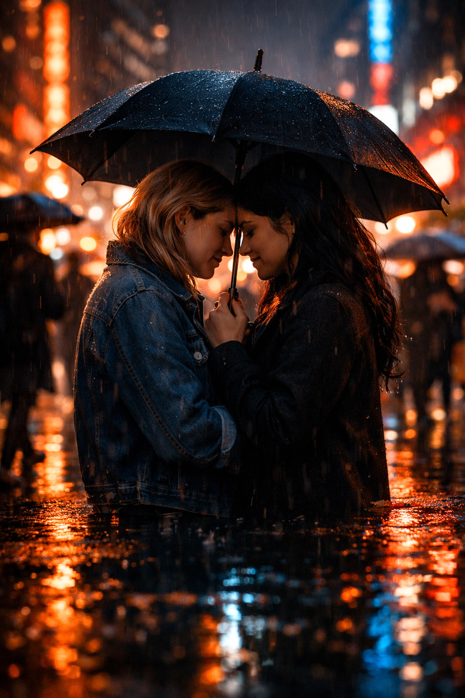 A lesbian couple huddling under an umbrella, symbolizing a sanctuary against queer minority stress.