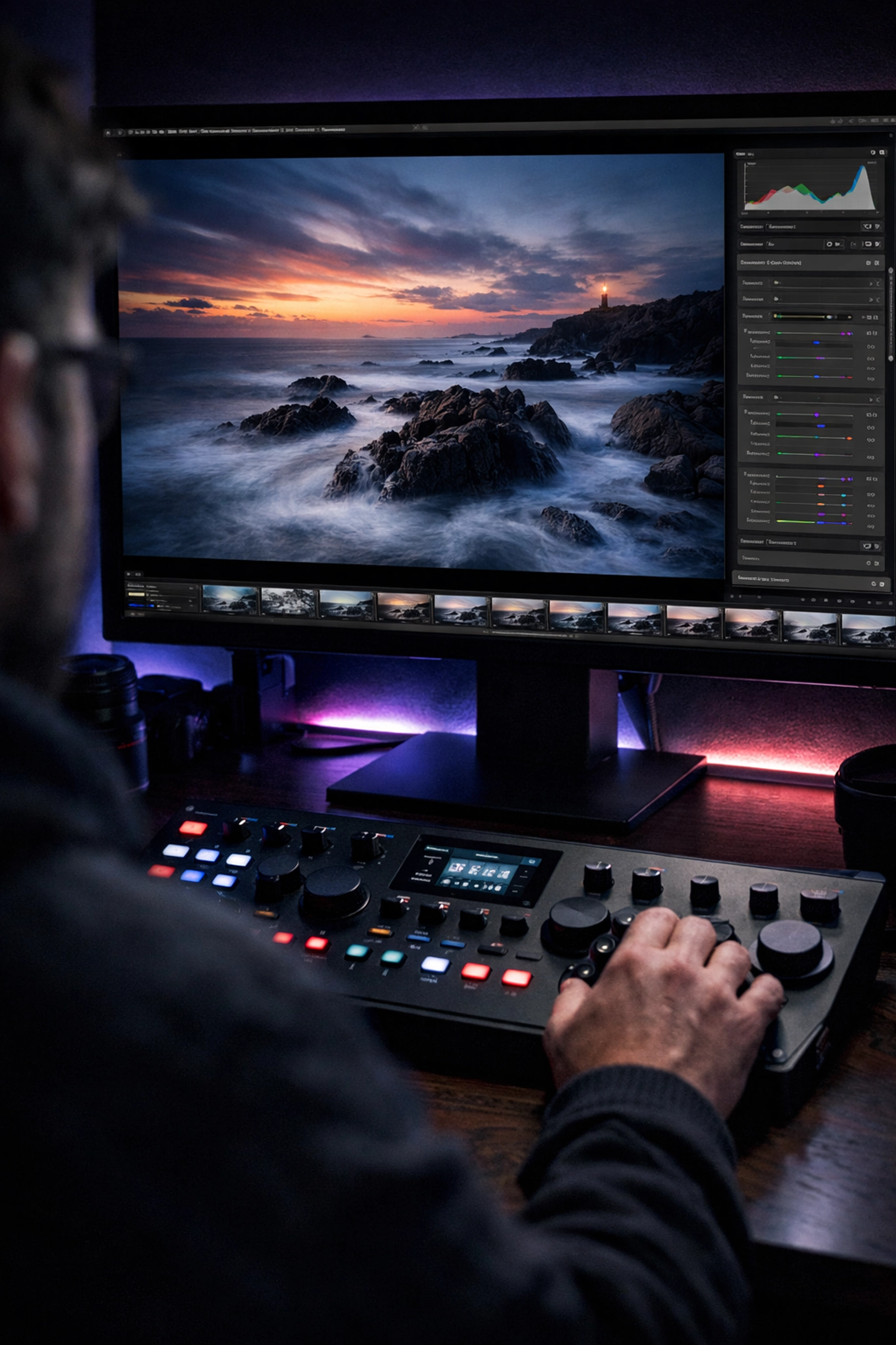 Photographer using professional editing software to enhance images in these photography tutorials.