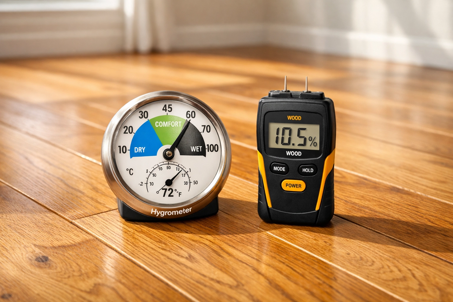 Hygrometer and moisture meter on hardwood floor measuring humidity levels for Chicago installation