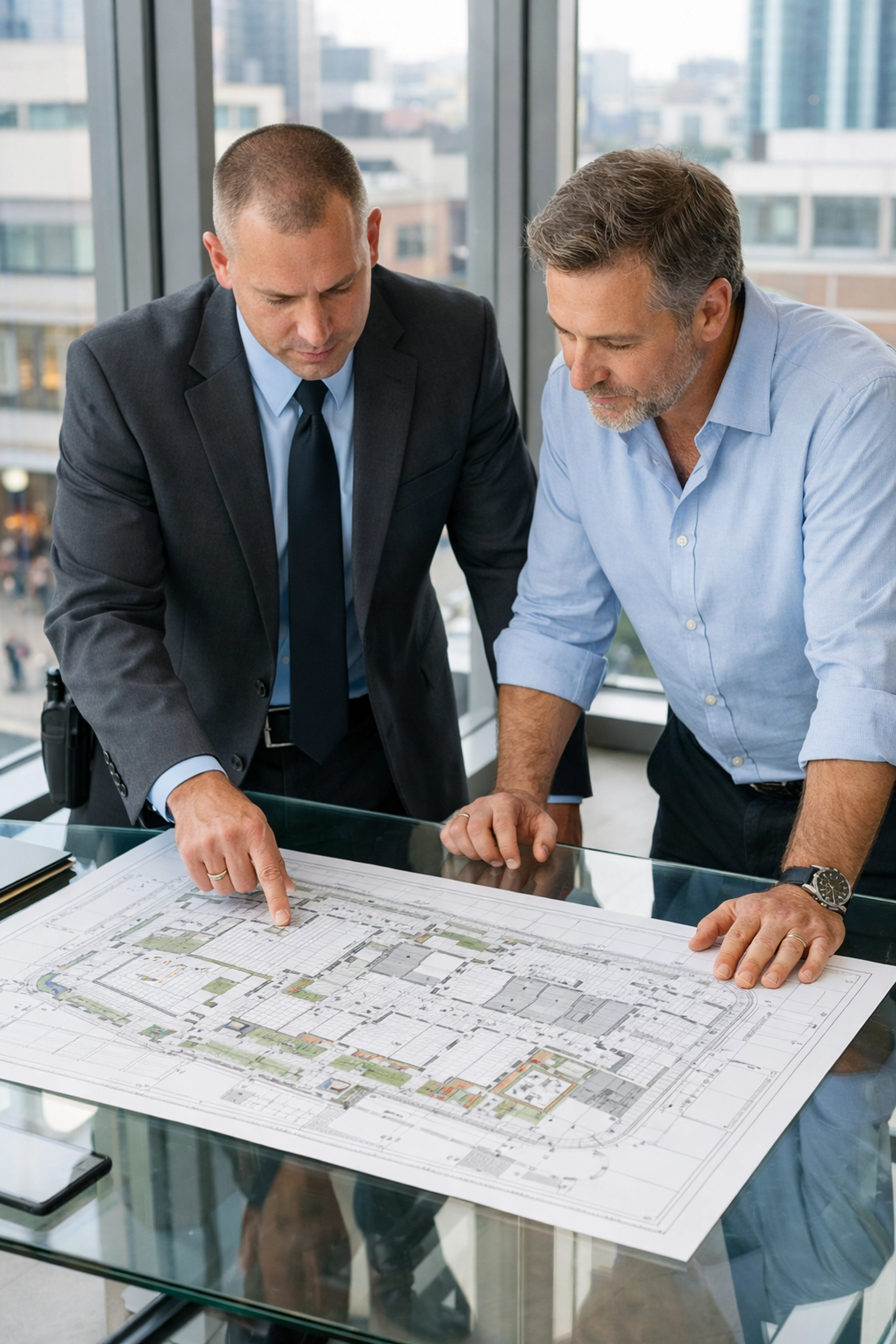 Security consultant and business owner reviewing a tailor-made retail security and manned guarding plan.