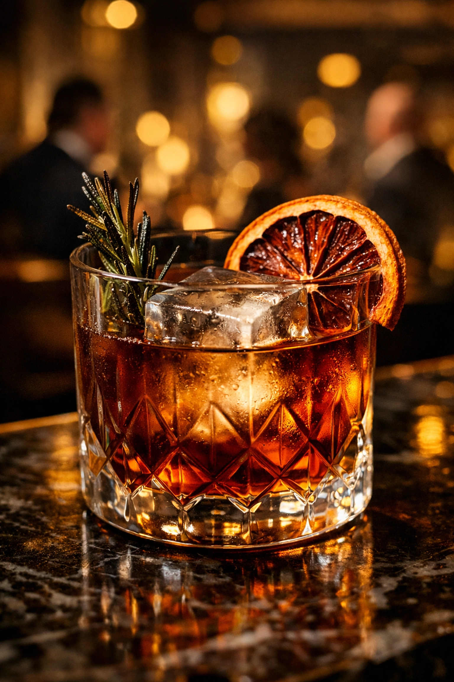 Sophisticated zero-proof cocktail with charred rosemary garnish at a luxury hospitality event.