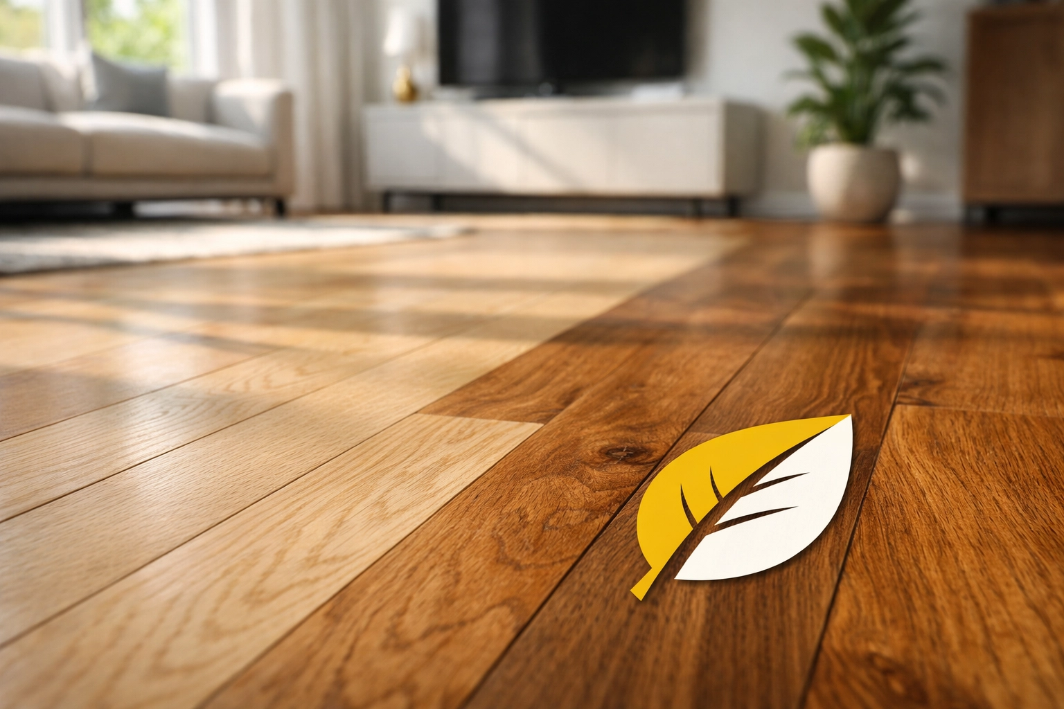 Sustainable White Oak and Hickory hardwood flooring with natural warm tones in a bright Chicago home interior.