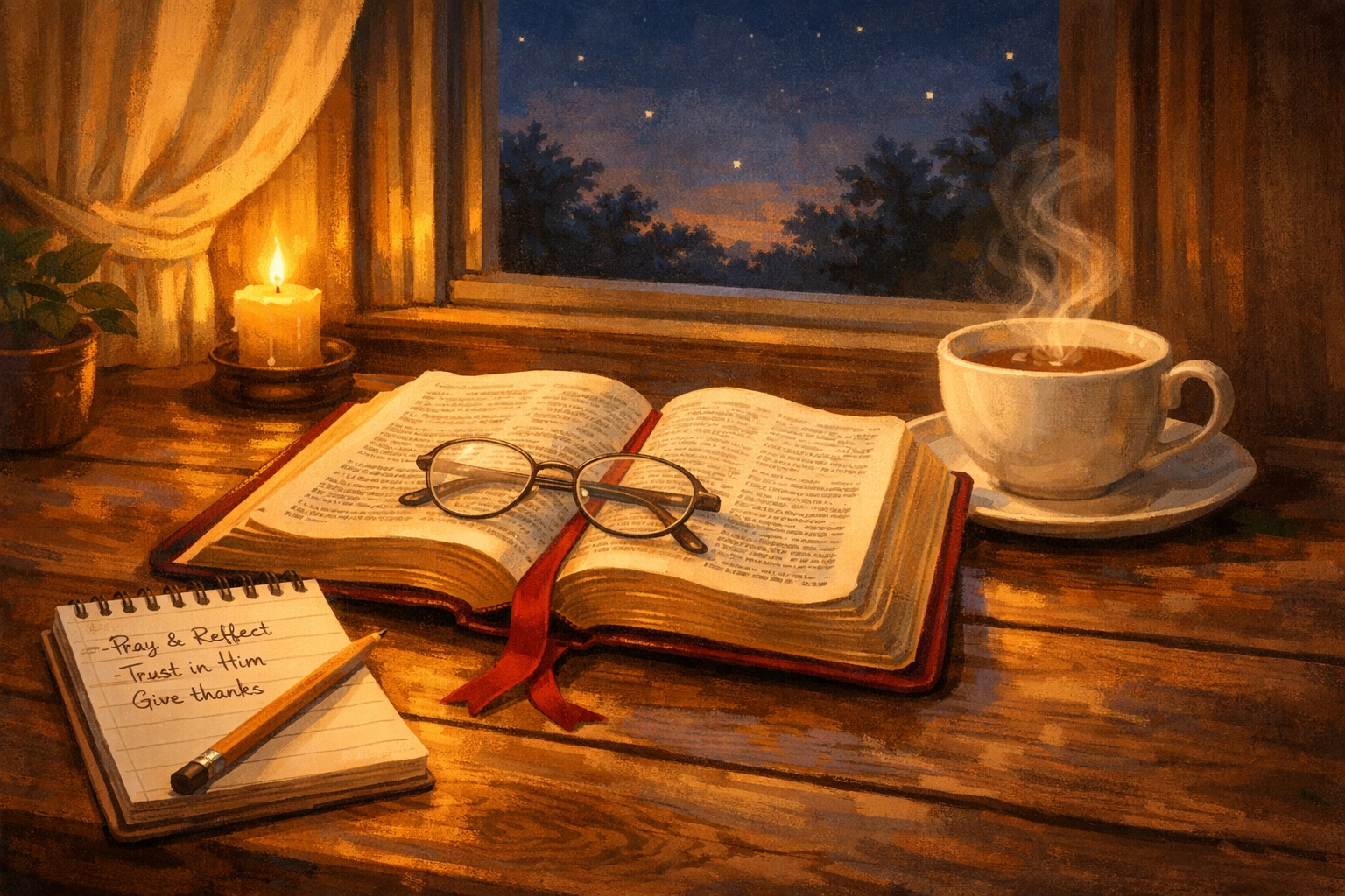Open Bible with tea and notebook on table during peaceful evening devotional time