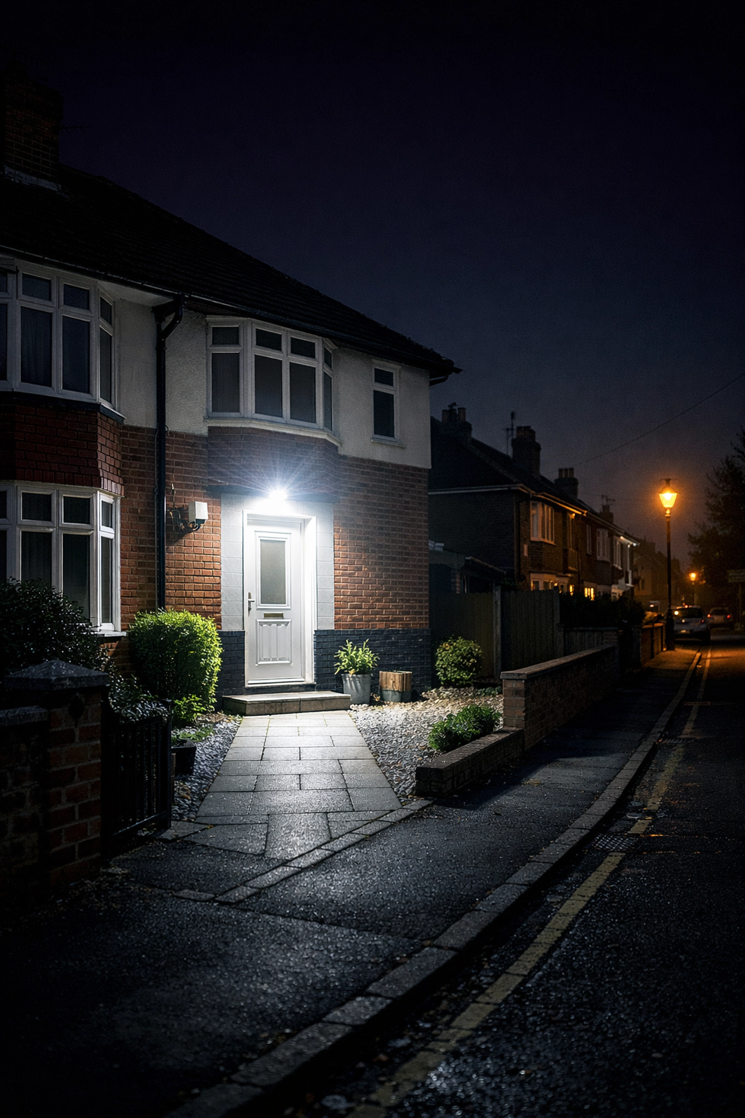 Bright LED security light illuminating a Portsmouth home at night to deter potential intruders.