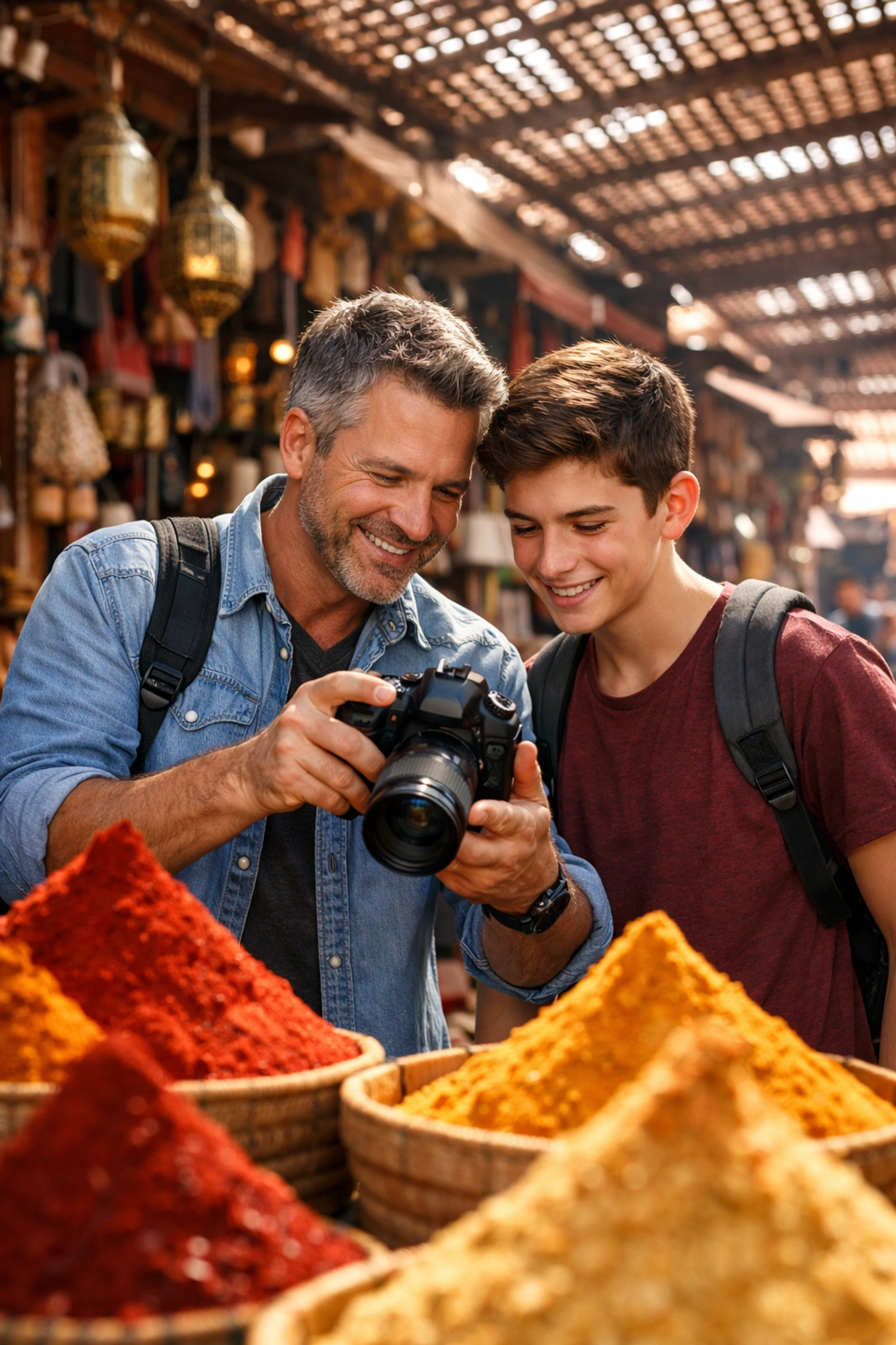 Father and son practicing travel photography tips at a vibrant spice market in Marrakech.