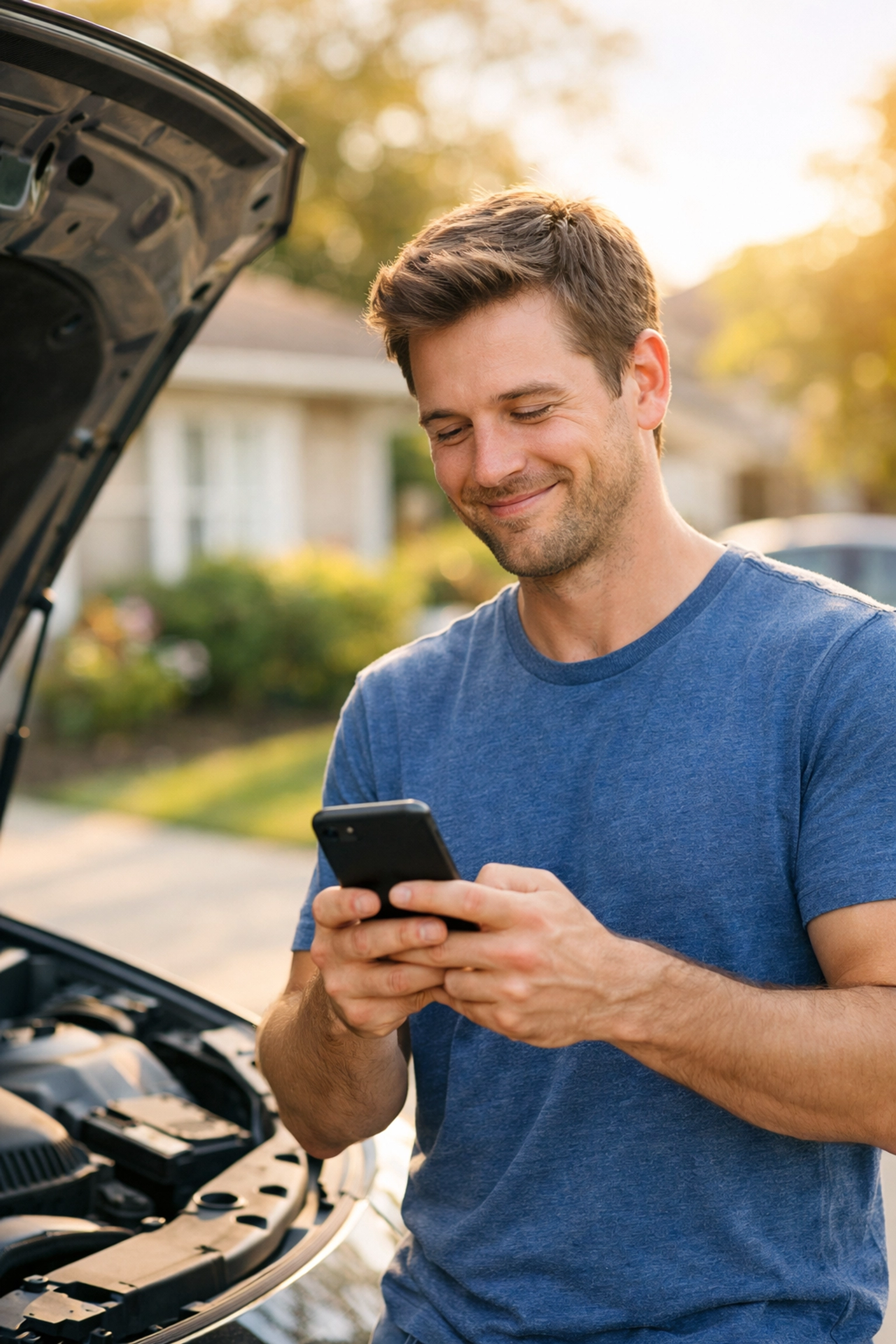 Relieved man using his phone for an instant payday loan Canada to handle an emergency car repair.