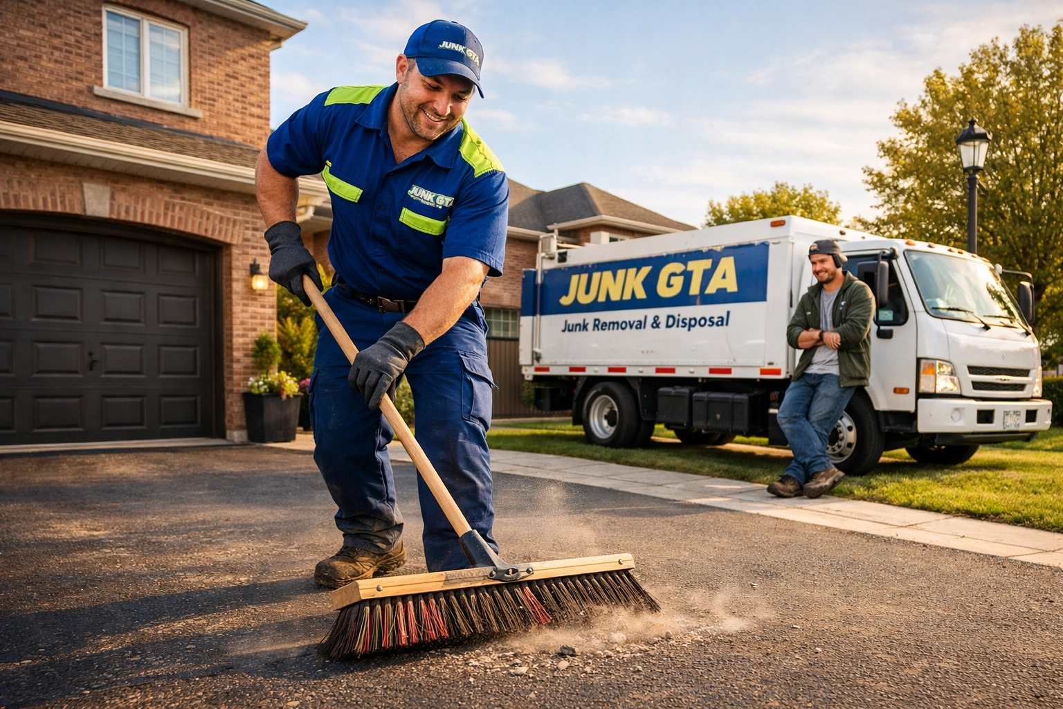Junk GTA professional sweeping a clean Bradford driveway after completing a yard debris removal service.