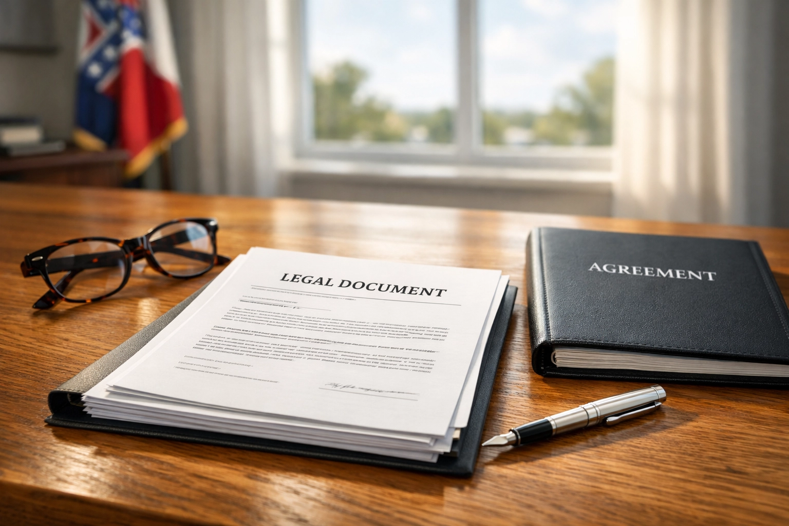 Legal documents and a pen on a desk, illustrating a successful Mississippi business transition and entity filing.