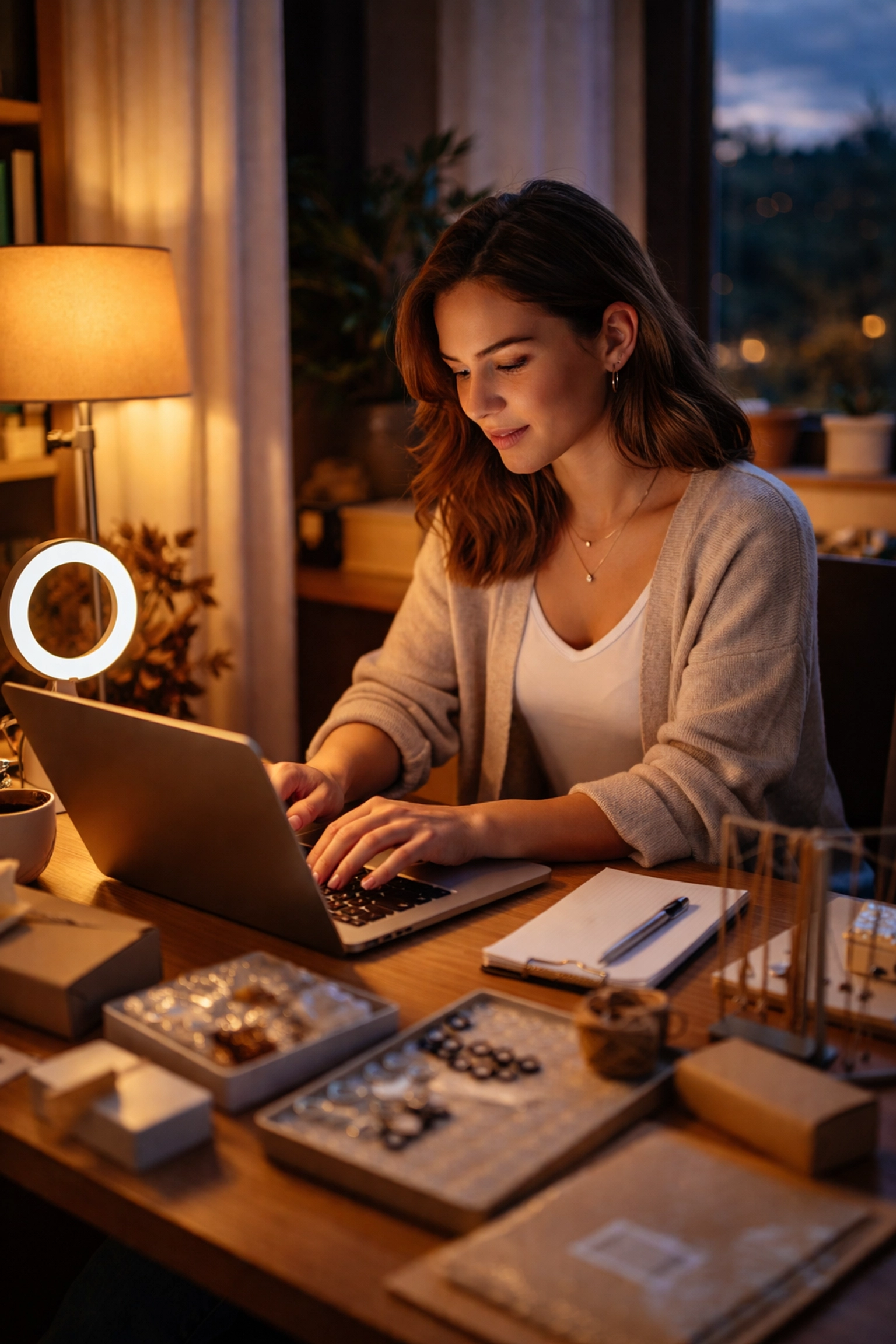 A professional woman works on a laptop at home at night, planning a side hustle alongside her main job.