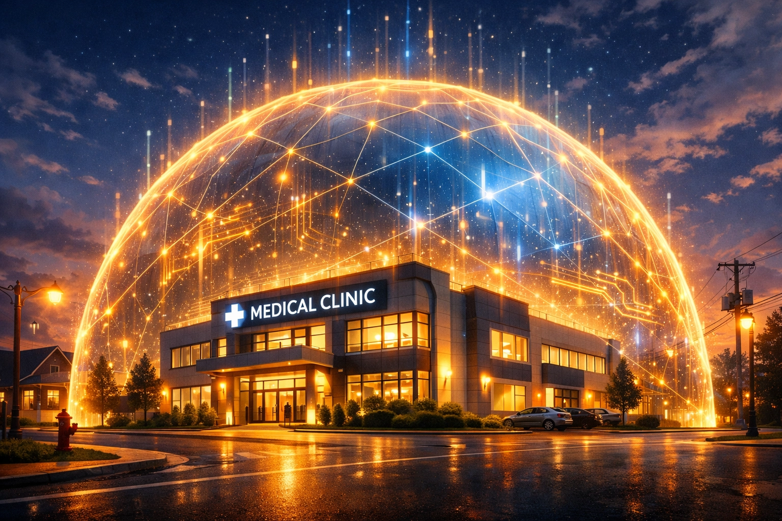 Protective digital shield around a Kentucky medical office showcasing managed IT services and cybersecurity.