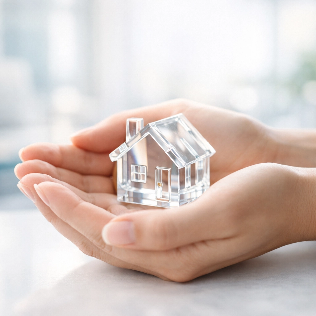 Hands protecting a crystal house model representing secure property rights through title insurance.