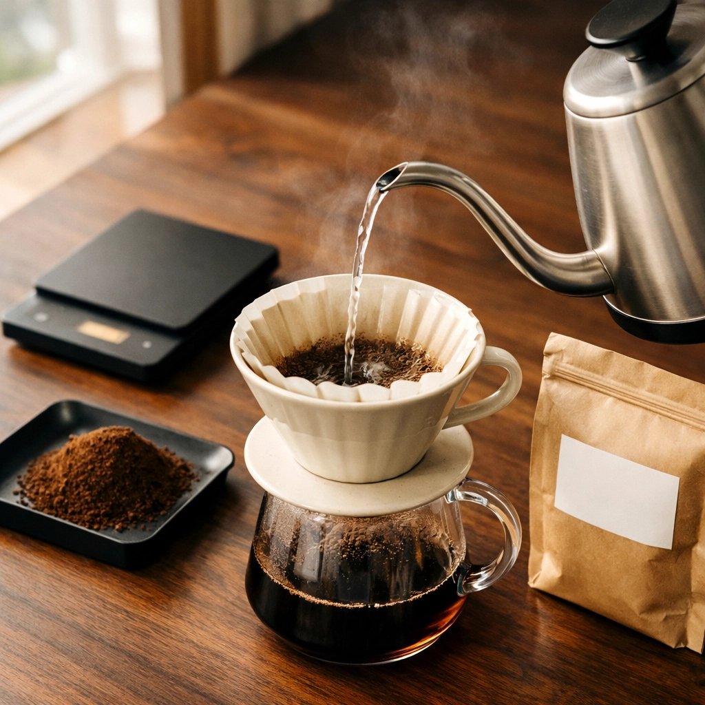 Gooseneck kettle pouring water into a pour-over dripper with fresh roasted coffee grounds on a kitchen counter.
