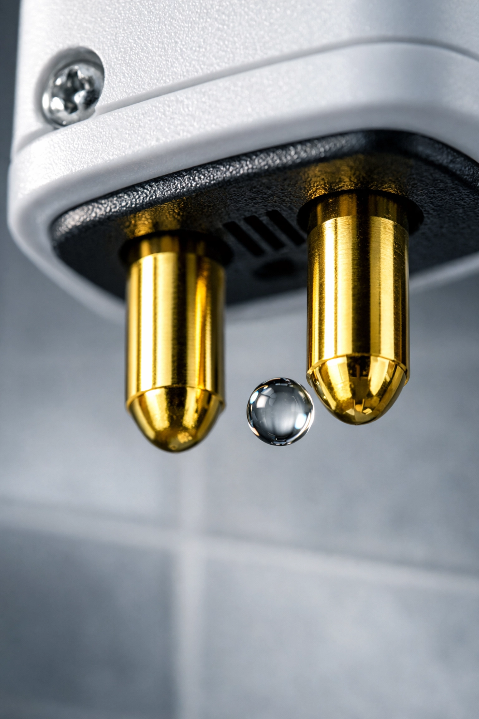 Smart water leak detector with gold-plated probes capturing a tiny droplet for high-rise protection.