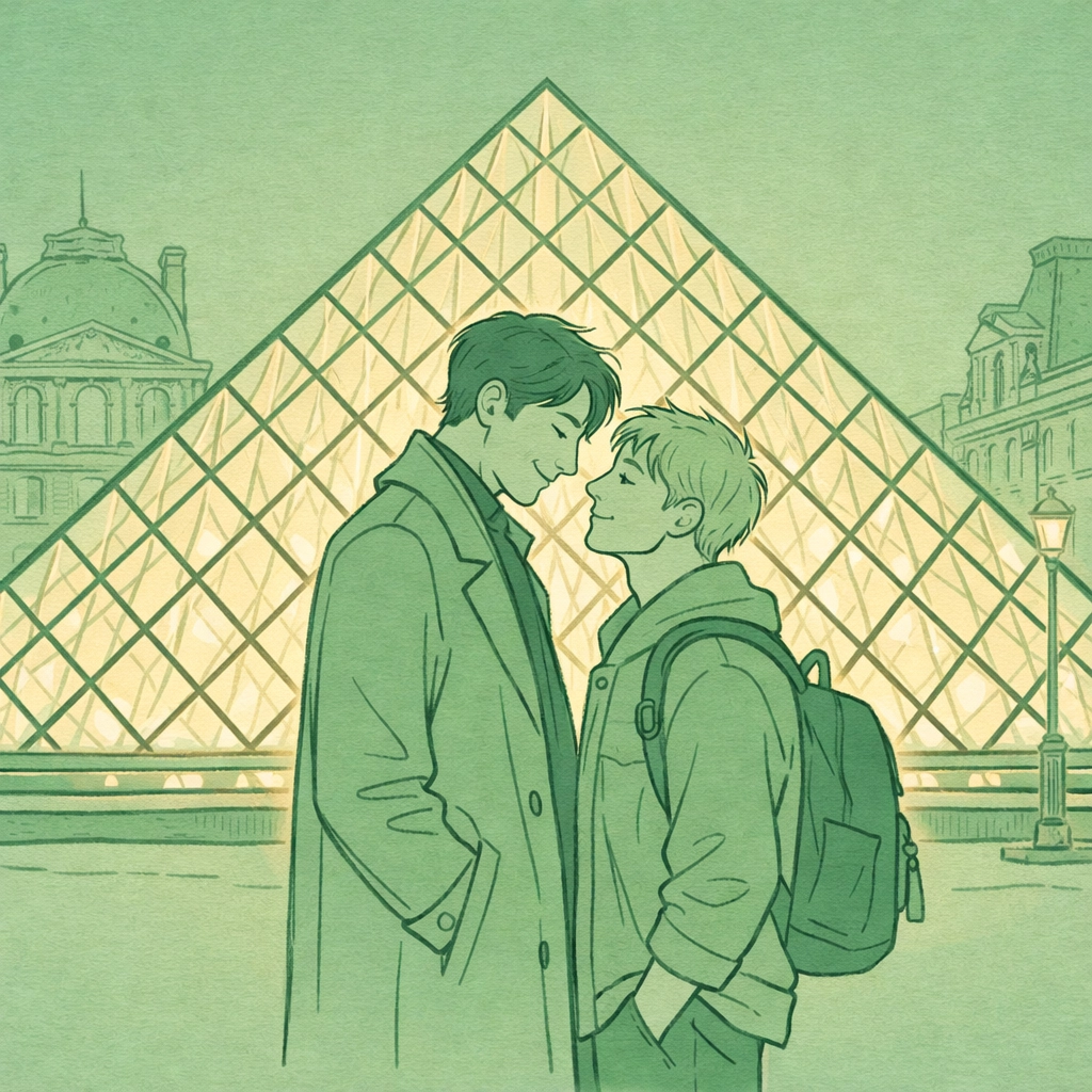 Two men meeting romantically under the Louvre pyramid at night - MM romance in Paris