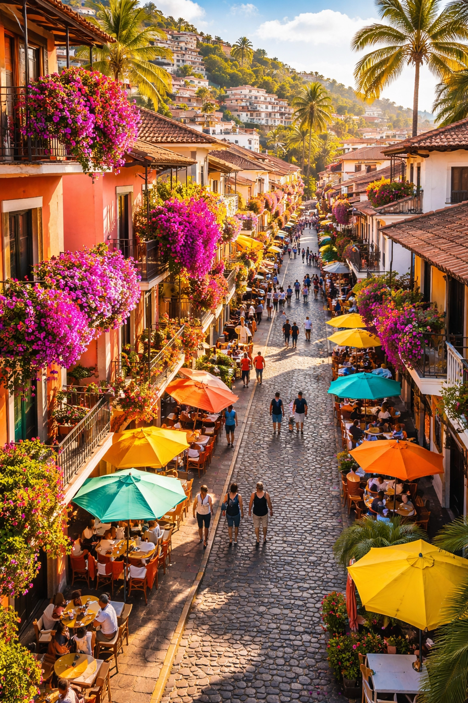 Aerial view of lively cobblestone street in Old Town Puerto Vallarta with vibrant buildings, restaurants, and bougainvillea.