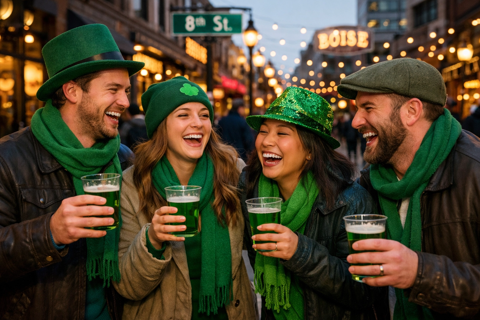 Friends celebrate St. Patrick's Day in Downtown Boise, steps away from luxury downtown real estate. Friends celebrate St. Patrick's Day in Downtown Boise, steps away from luxury downtown real estate.