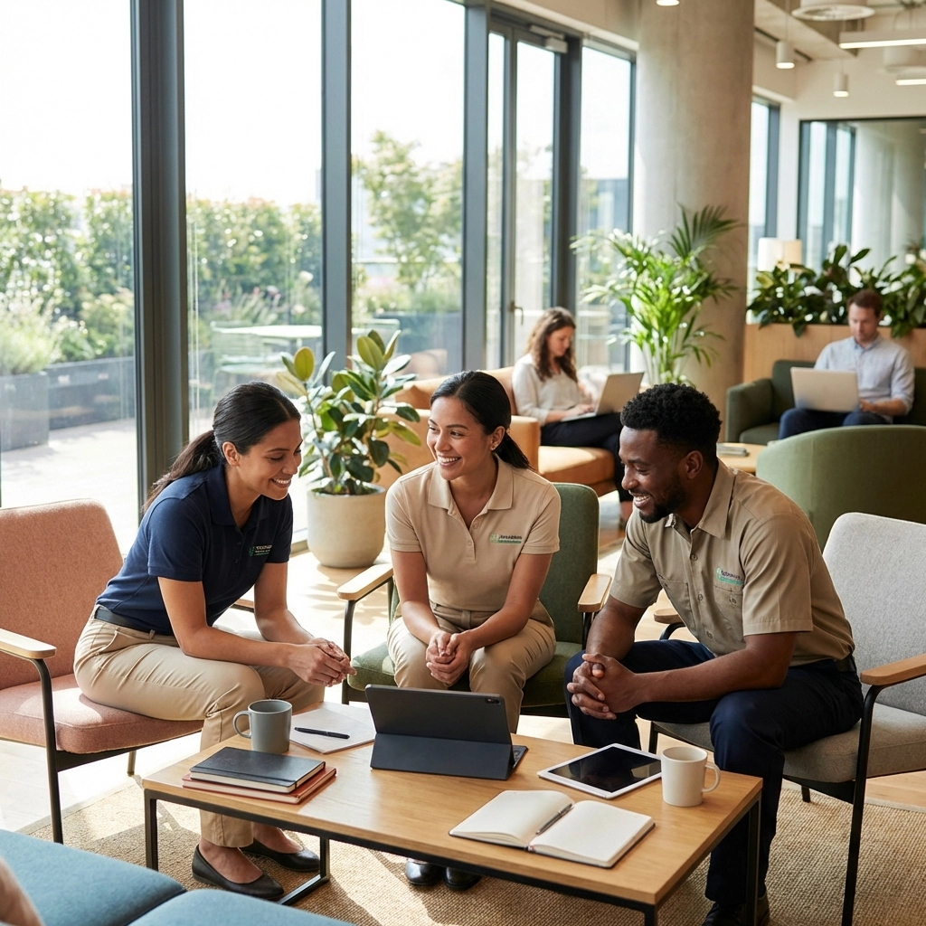Diverse cleaning professionals networking in a modern lounge, emphasizing support and industry community.