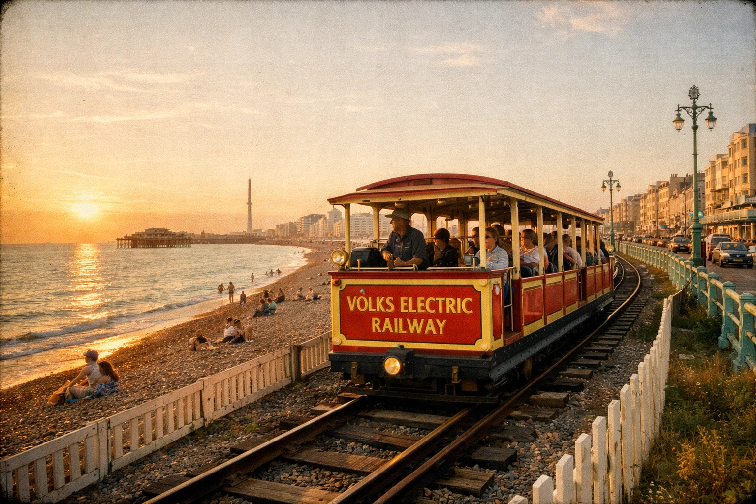 Volks Electric Railway running along Brighton seafront toward the naturist beach