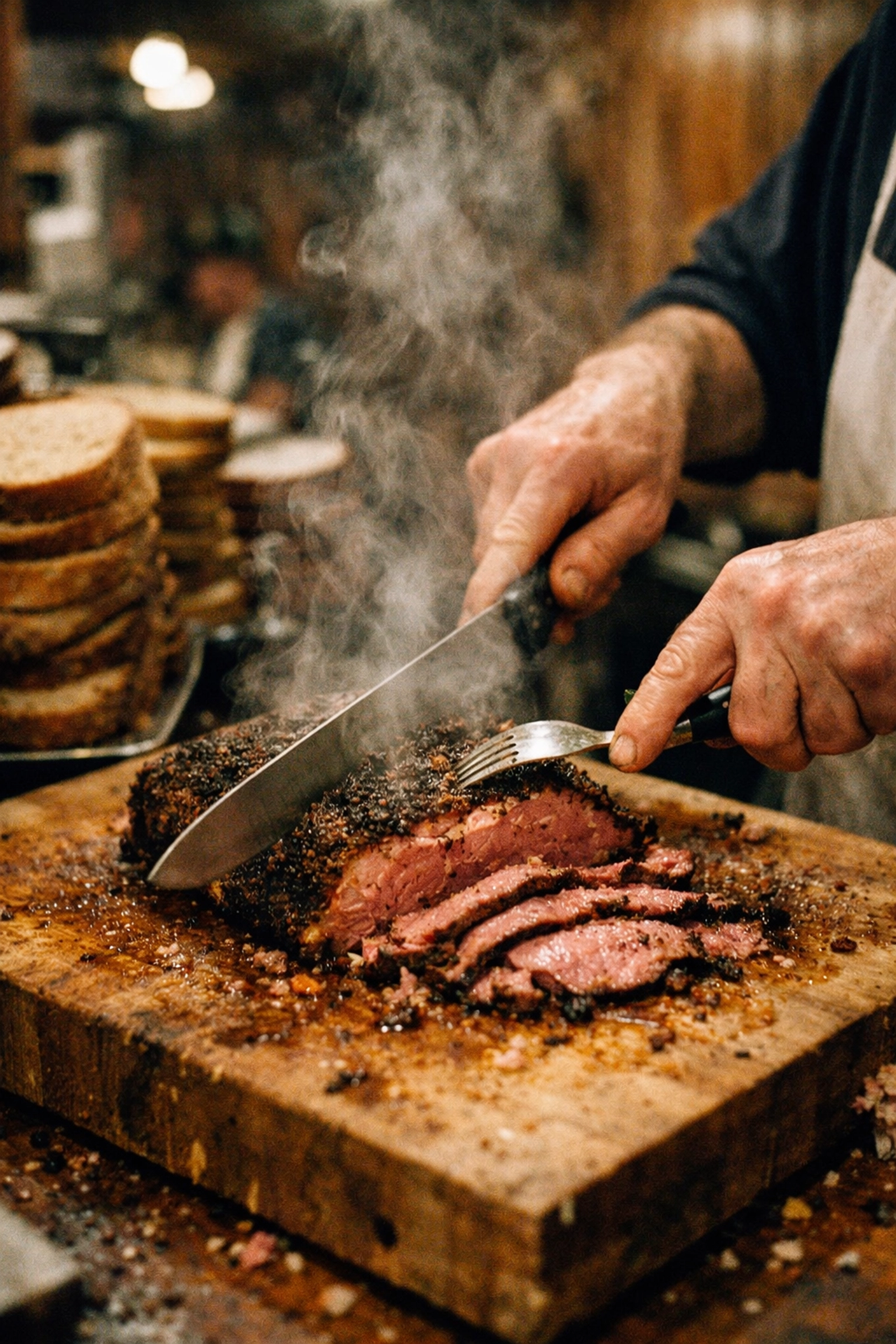 Veteran slicer carving a steaming slab of Montreal smoked meat on a wooden board inside a rustic deli.