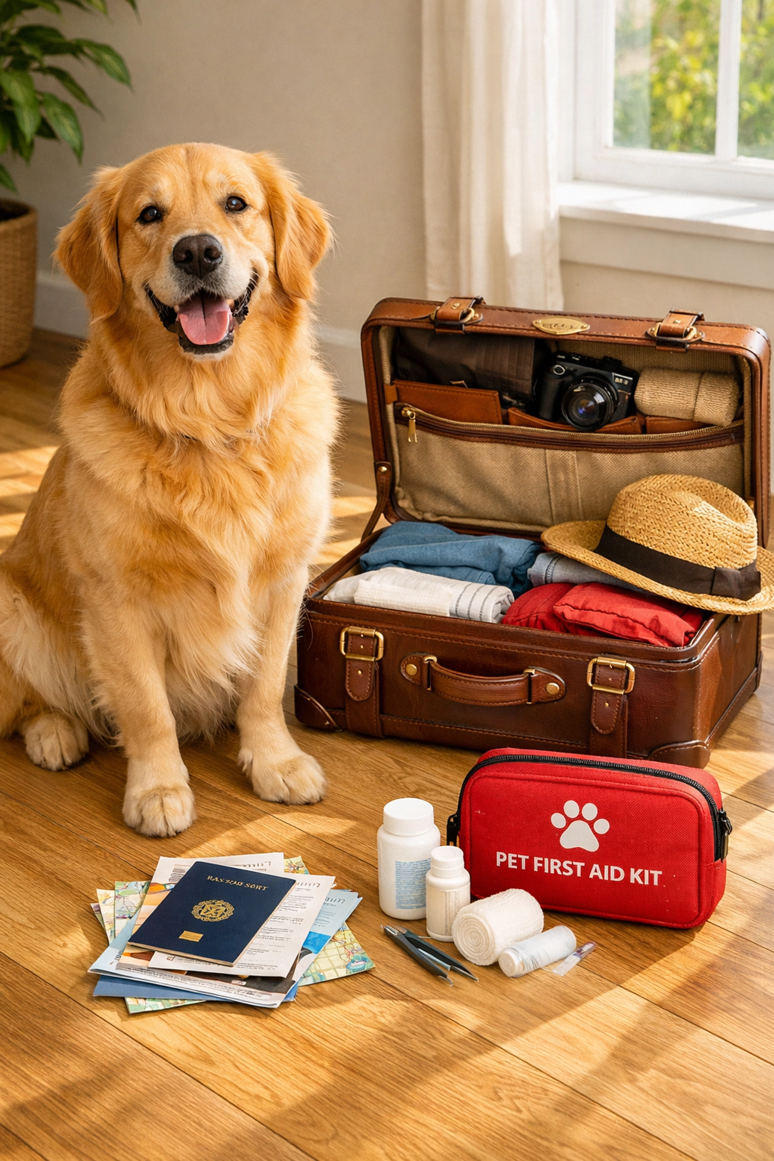 Happy Golden Retriever sitting next to a suitcase and pet travel documents for a trip.