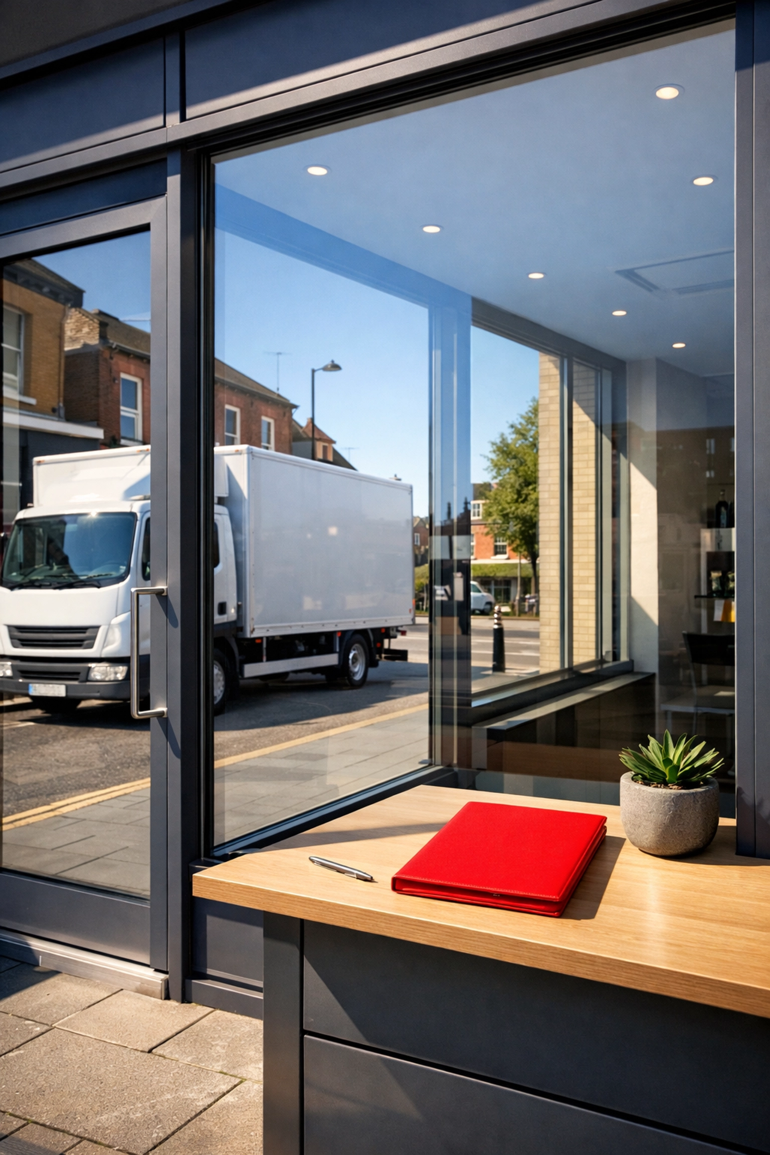 Modern shop front in Enfield reflecting a delivery truck, representing efficient Hertford storage services.