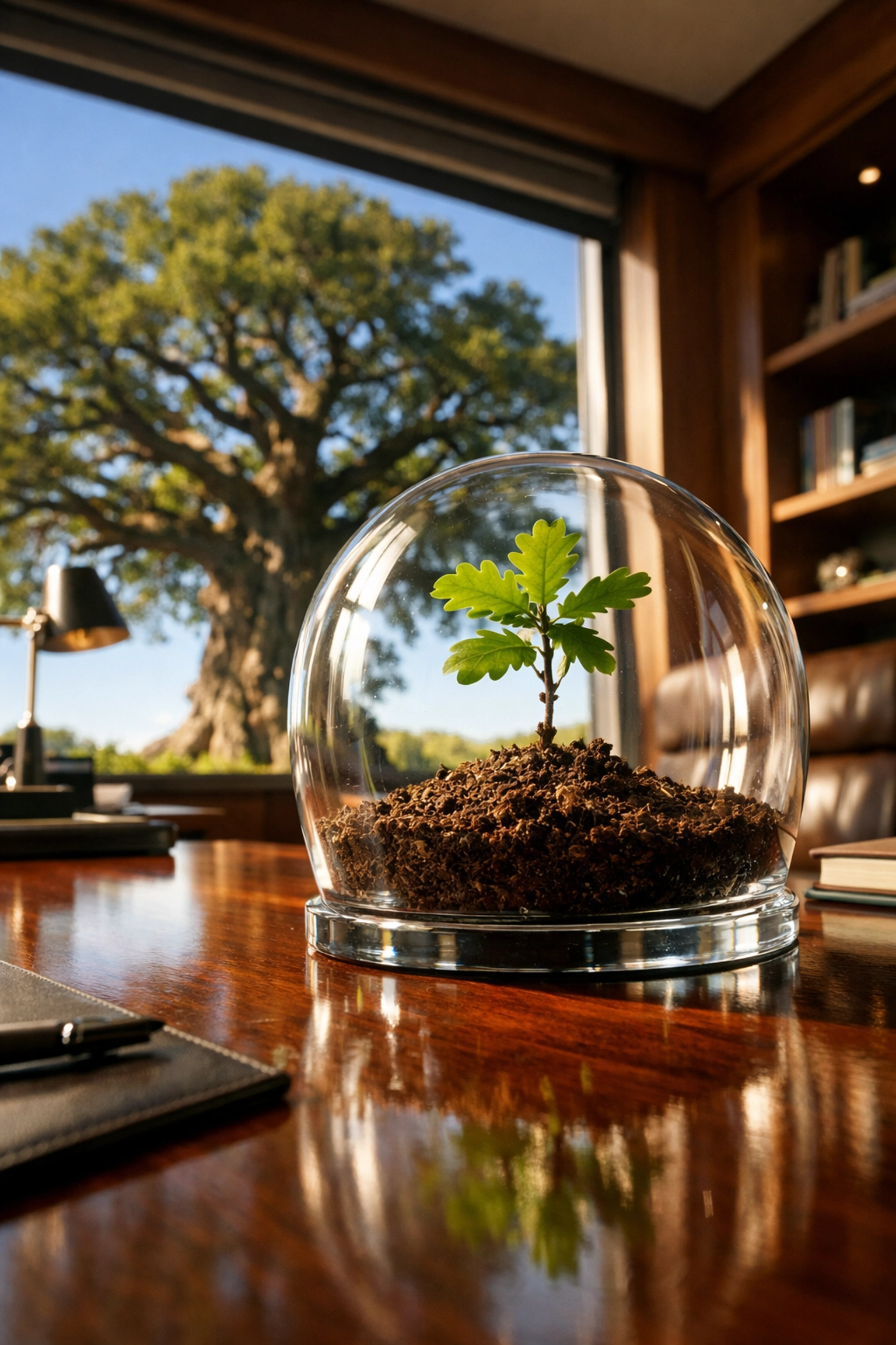 A small sapling and large oak tree symbolizing long-term growth and compounding in a TSP retirement account.
