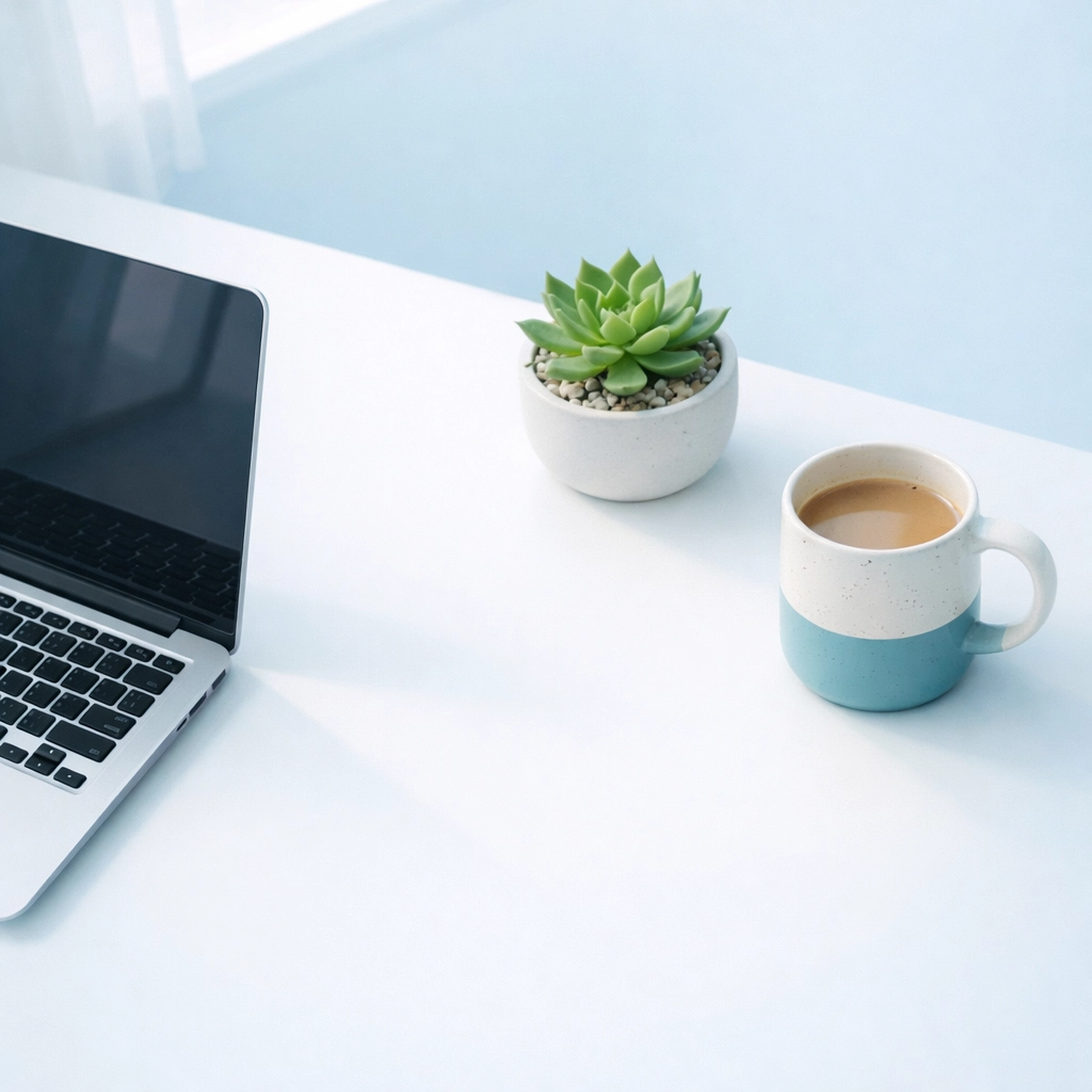 Minimalist clean office desk with a laptop and succulent, showcasing a productive workspace.