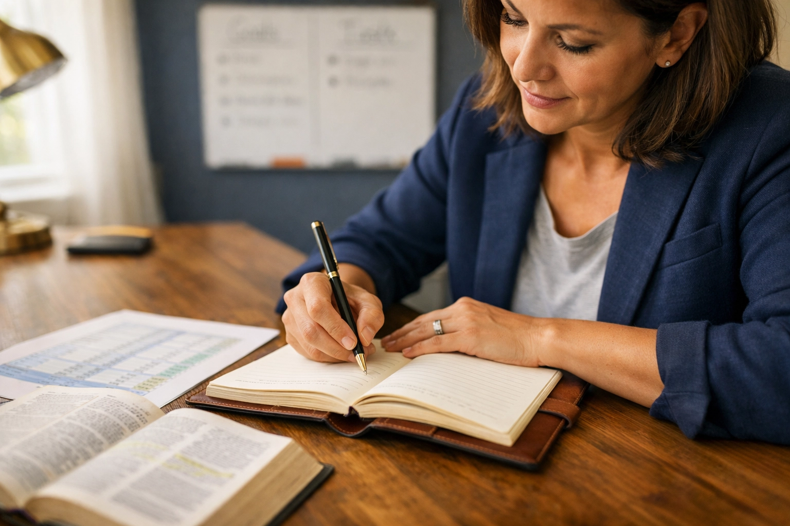 Business owner planning with Bible and financial documents for faith-integrated leadership Business owner planning with Bible and financial documents for faith-integrated leadership