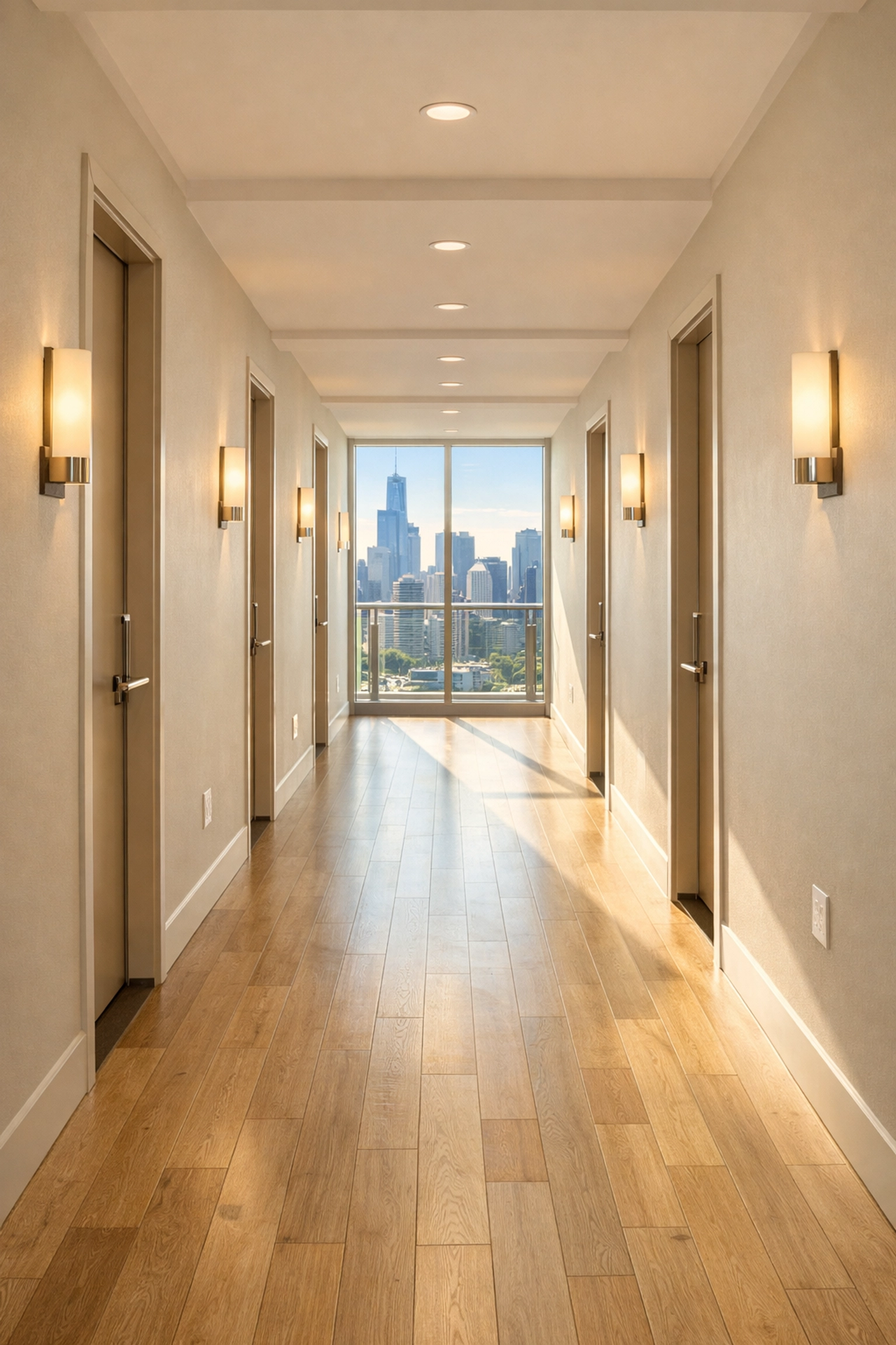 Clean, move-in ready apartment corridor in a Chicago high-rise representing efficient property turnover.