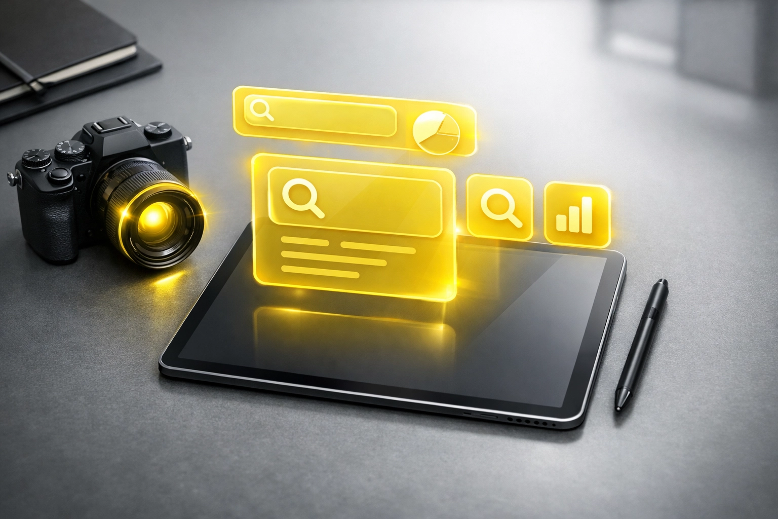 Professional workspace with a digital tablet illustrating Amazon listing optimization and visual branding.