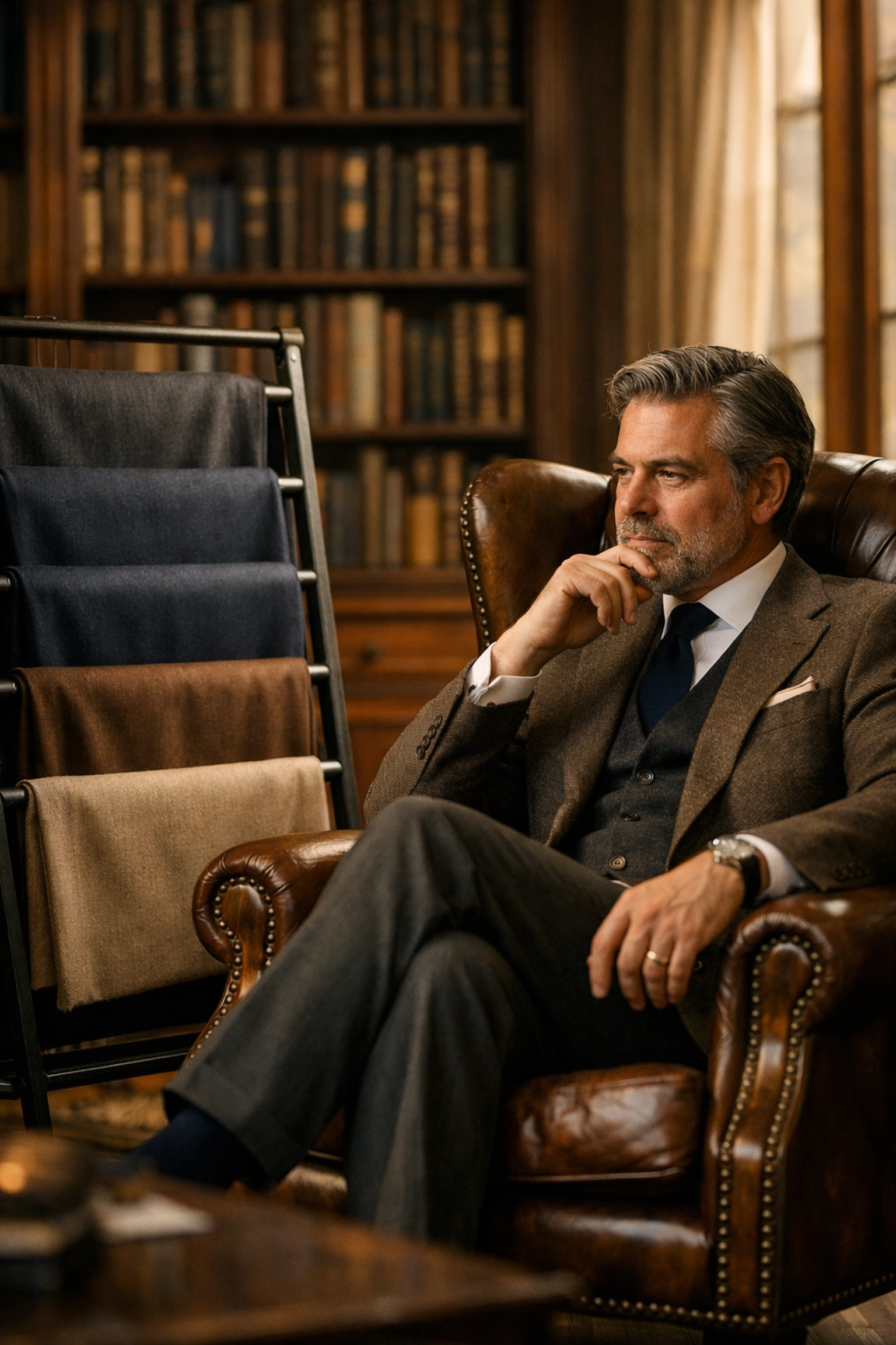 Mobile Atelier bespoke consultation with gentleman selecting luxury fabrics in private library