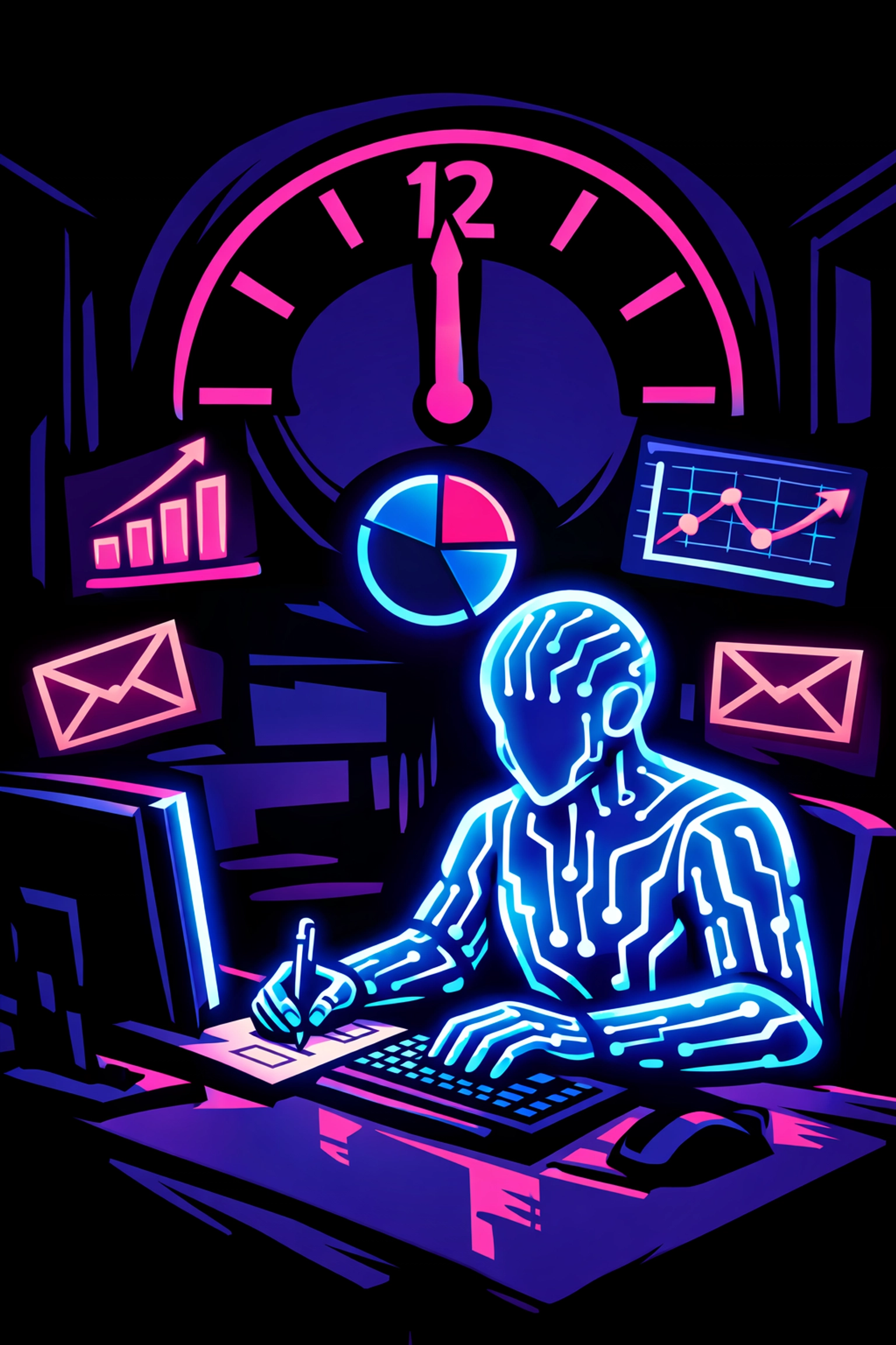 A glowing AI virtual assistant for business working at a desk at midnight, managing data and emails efficiently.