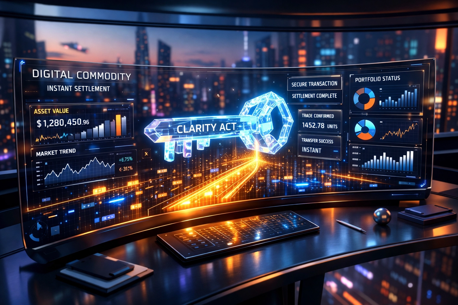 Holographic merchant dashboard showing secure Larecoin payment data and CLARITY Act compliance.