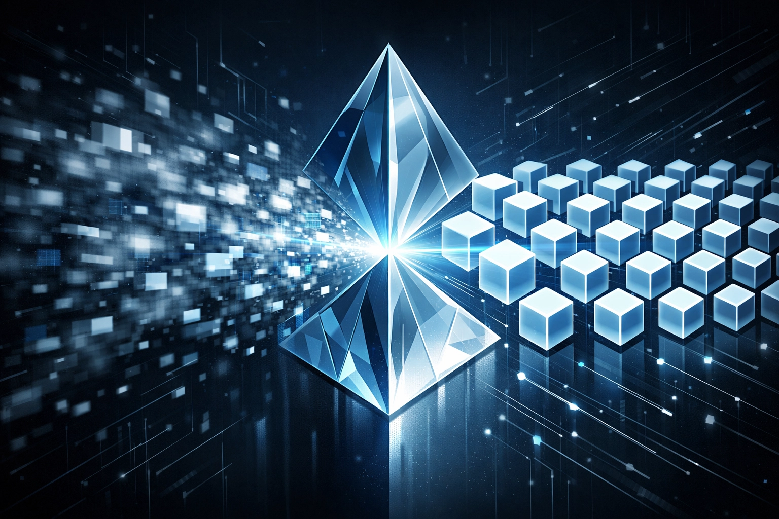 AI logic engine validating and organizing messy data into a structured grid for business governance.