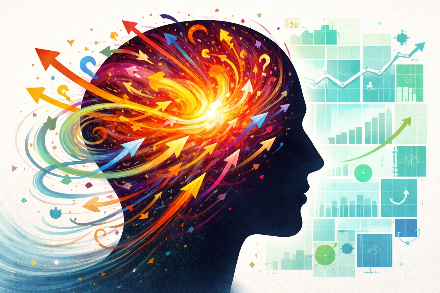 Silhouette filled with turbulent shapes representing emotional investing versus rational strategy in alternatives
