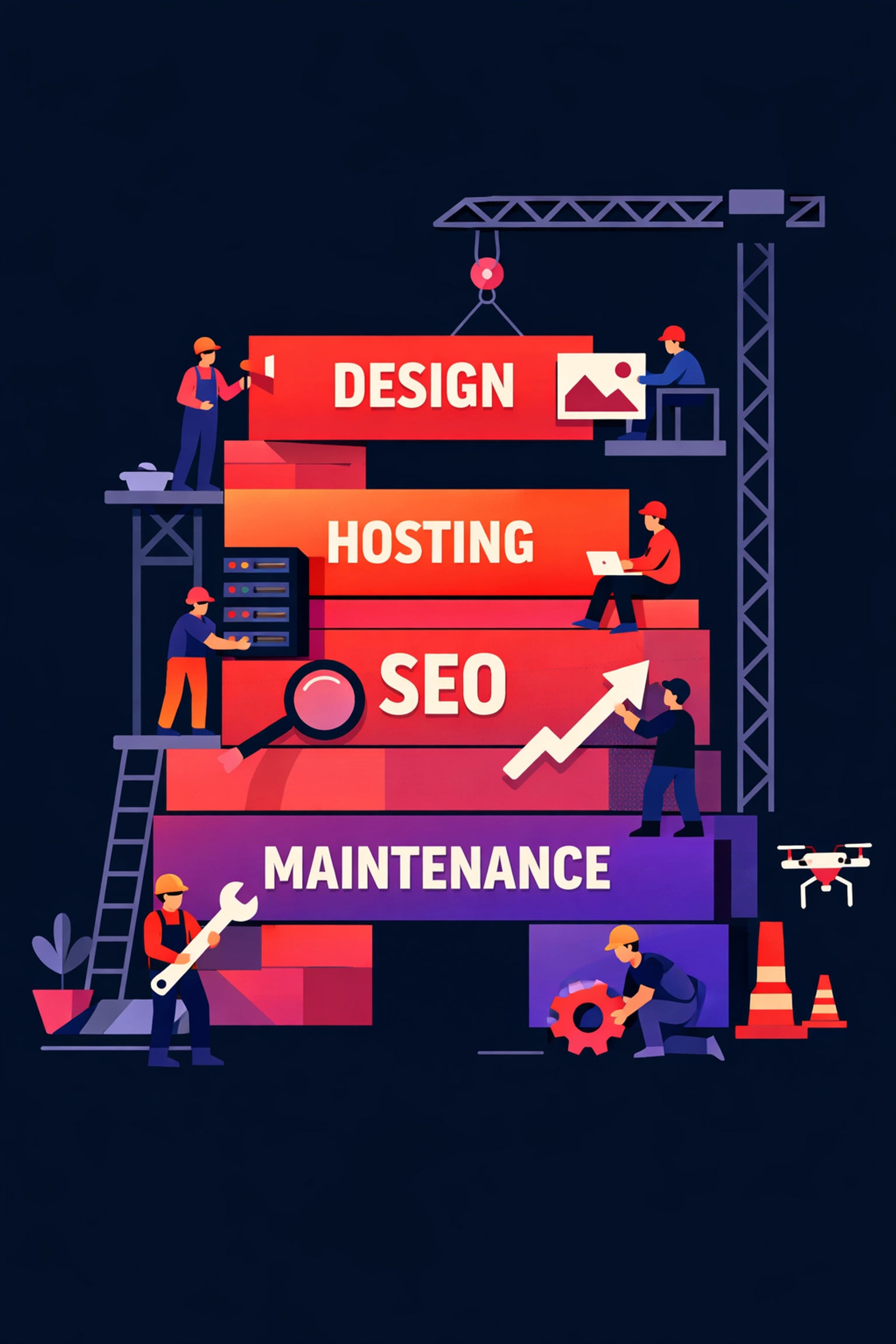 Website building blocks showing design, hosting, SEO and maintenance components