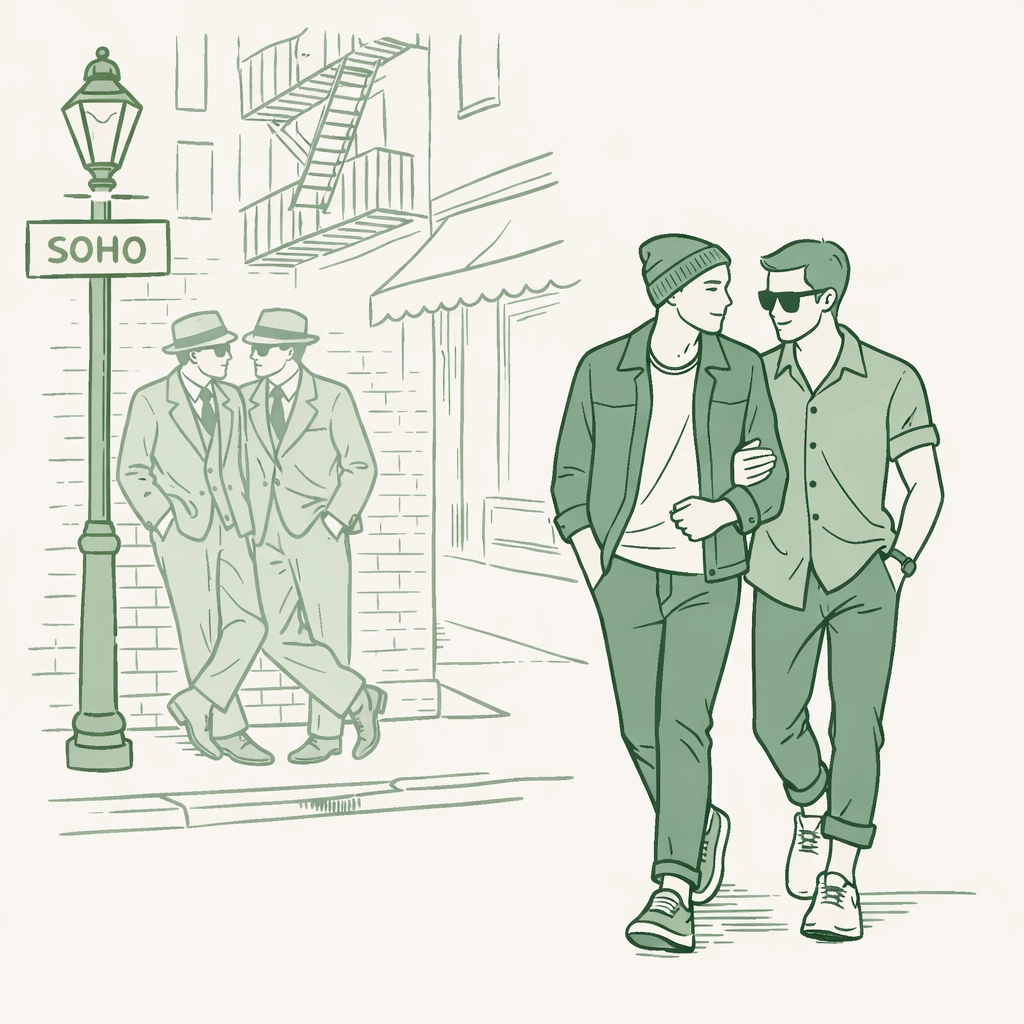 Modern MM couple walking on Old Compton Street with historical queer figures in the background.