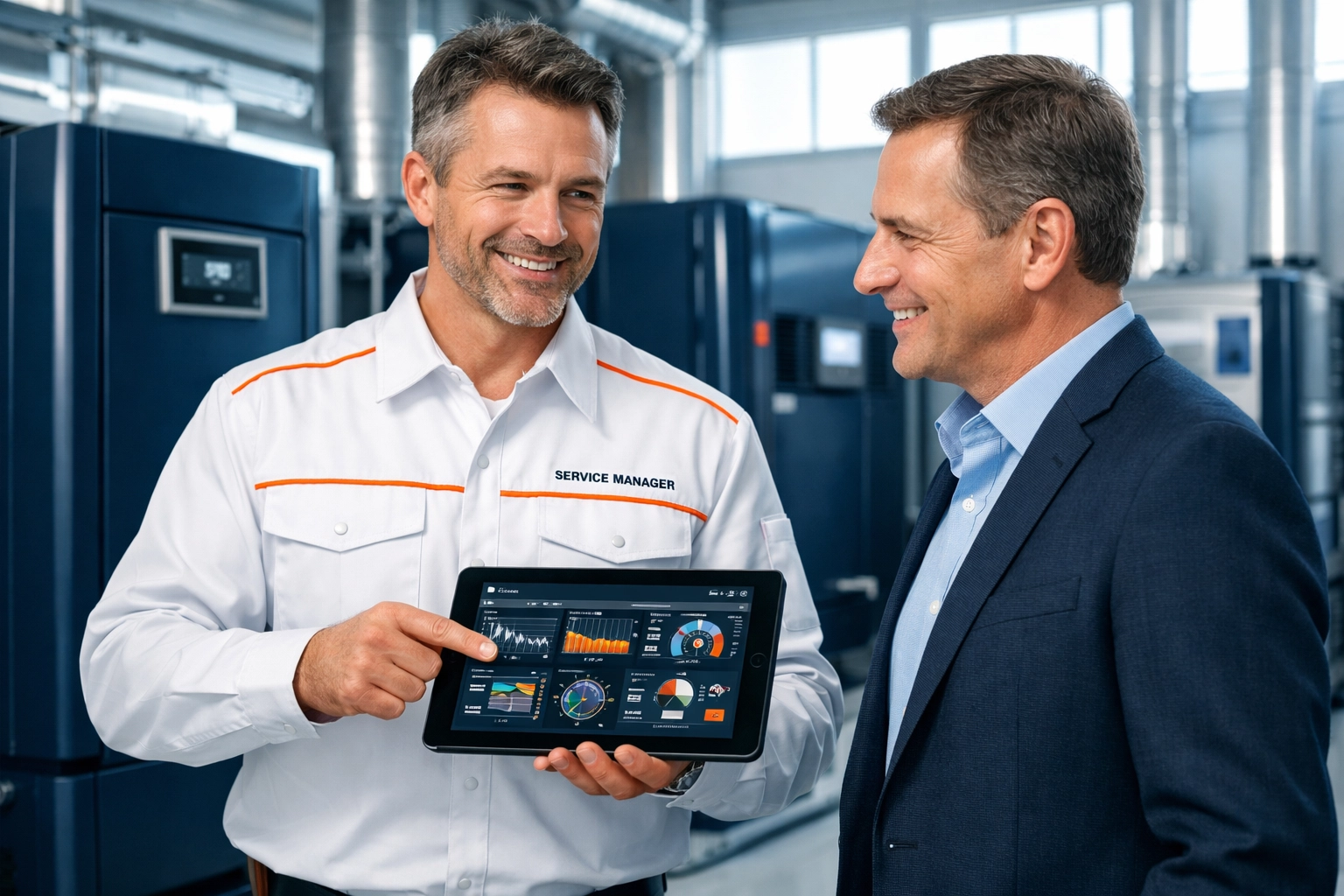 HVAC professional showing maintenance contract data to a business owner to increase business valuation.