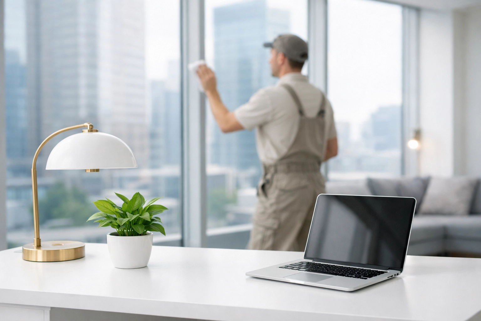 Cleaning professional ensuring quality standards in a modern collaborative office workspace.