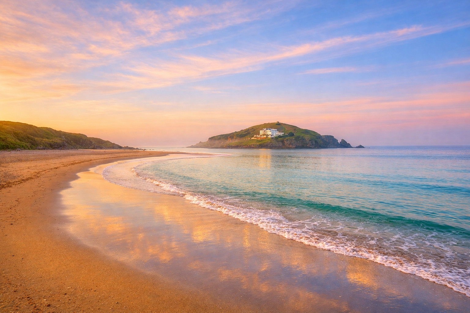 Serene sunrise view of Bantham Beach in South Devon, a tranquil location for scattering ashes.