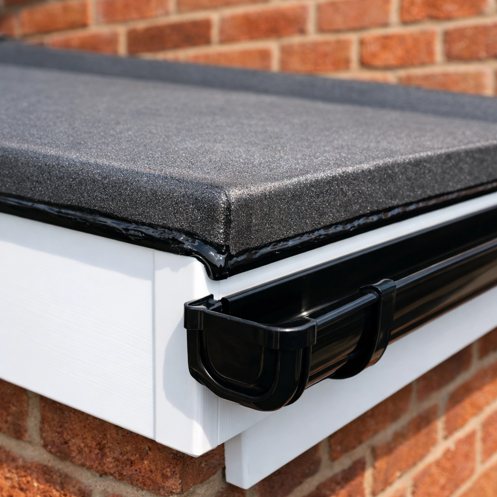 Close-up of a watertight flat roof seal and clean guttering by flat roof contractors near Maidenhead.