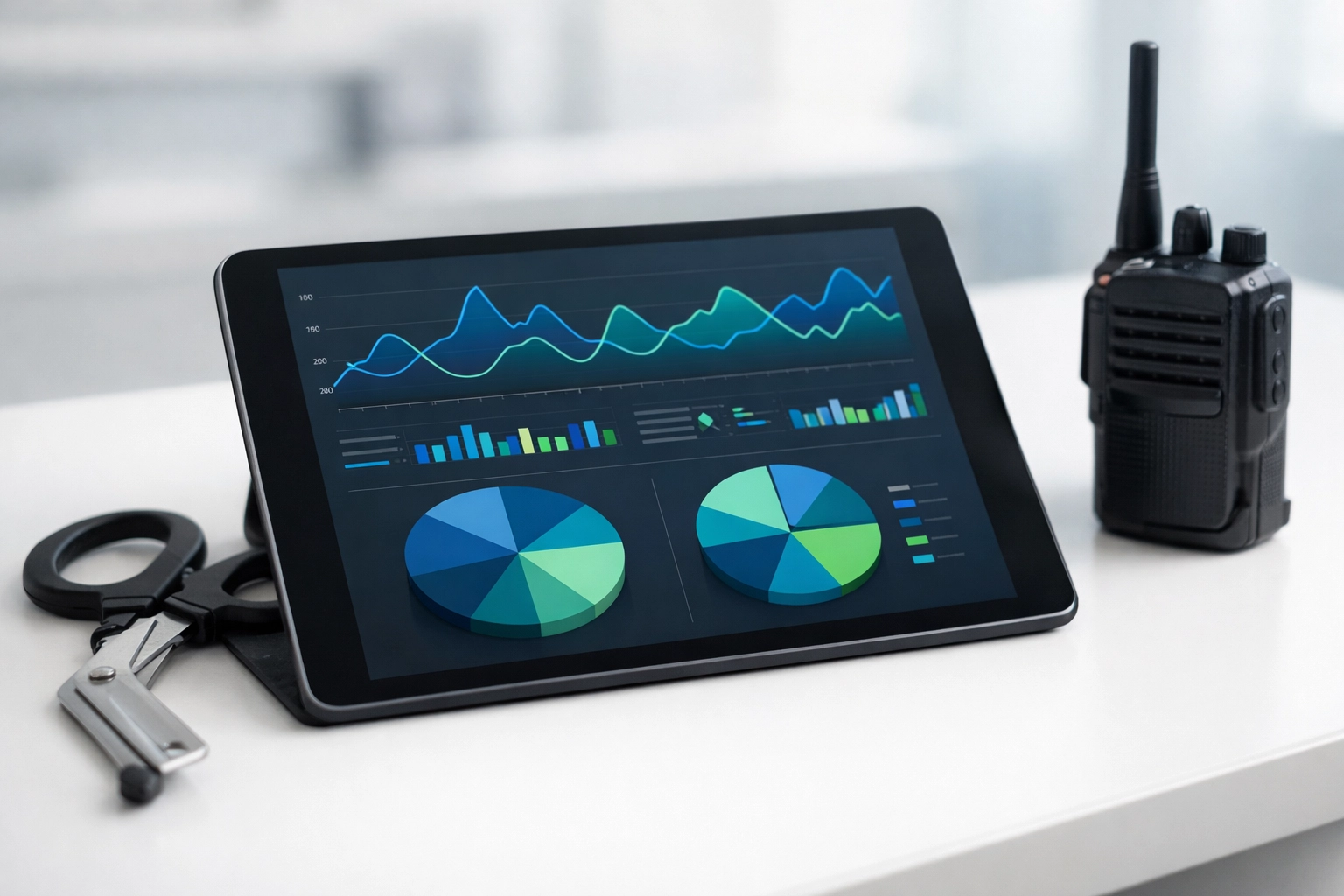 Tablet displaying EMS recruitment data graphs alongside a radio and shears in a modern office.