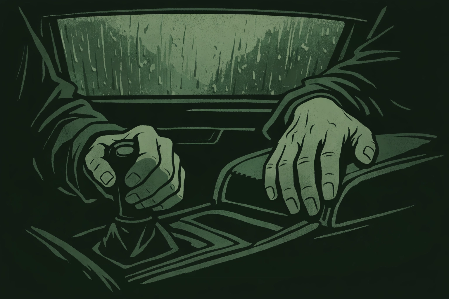 Tense hands in car interior - MM psychological thriller depicting dangerous attraction
