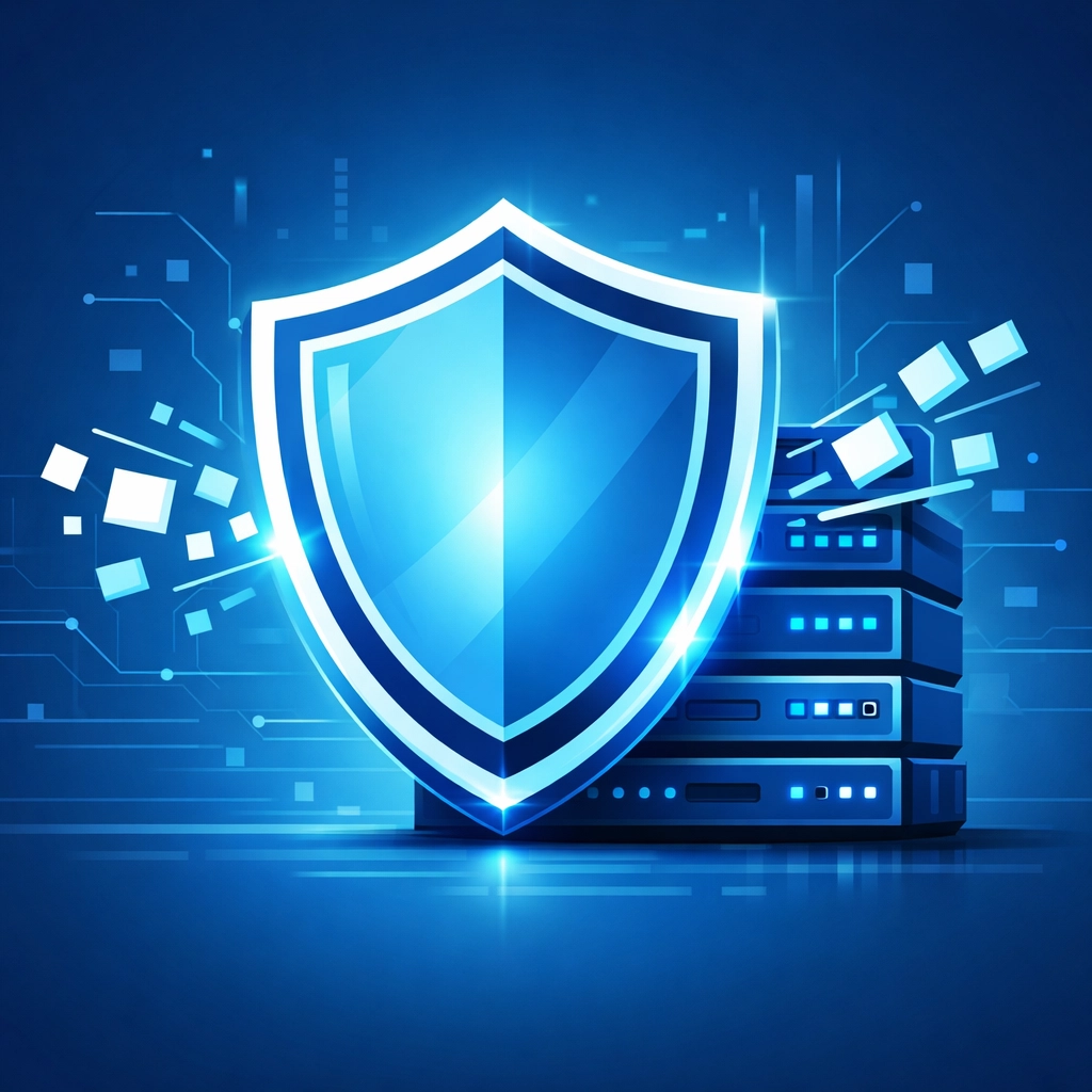 Digital shield protecting server racks representing secure business continuity and data backup