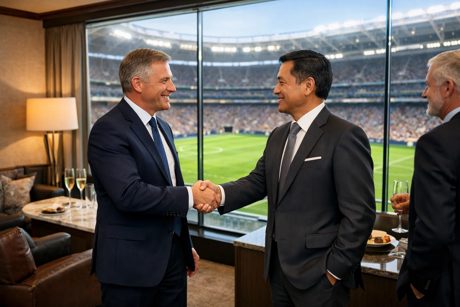 Business leaders shaking hands in a luxury VIP stadium suite for Super Bowl corporate networking.