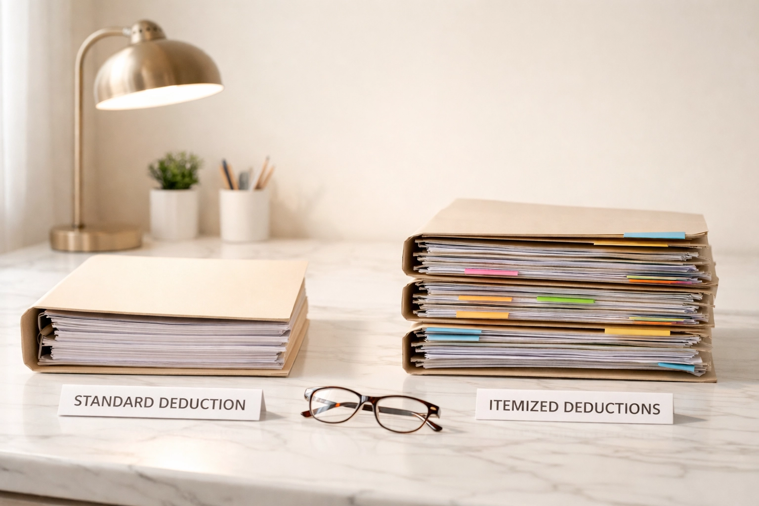 Two stacks of paperwork compare standard deduction versus itemized deductions on a marble desk, illustrating a key tax decision.
